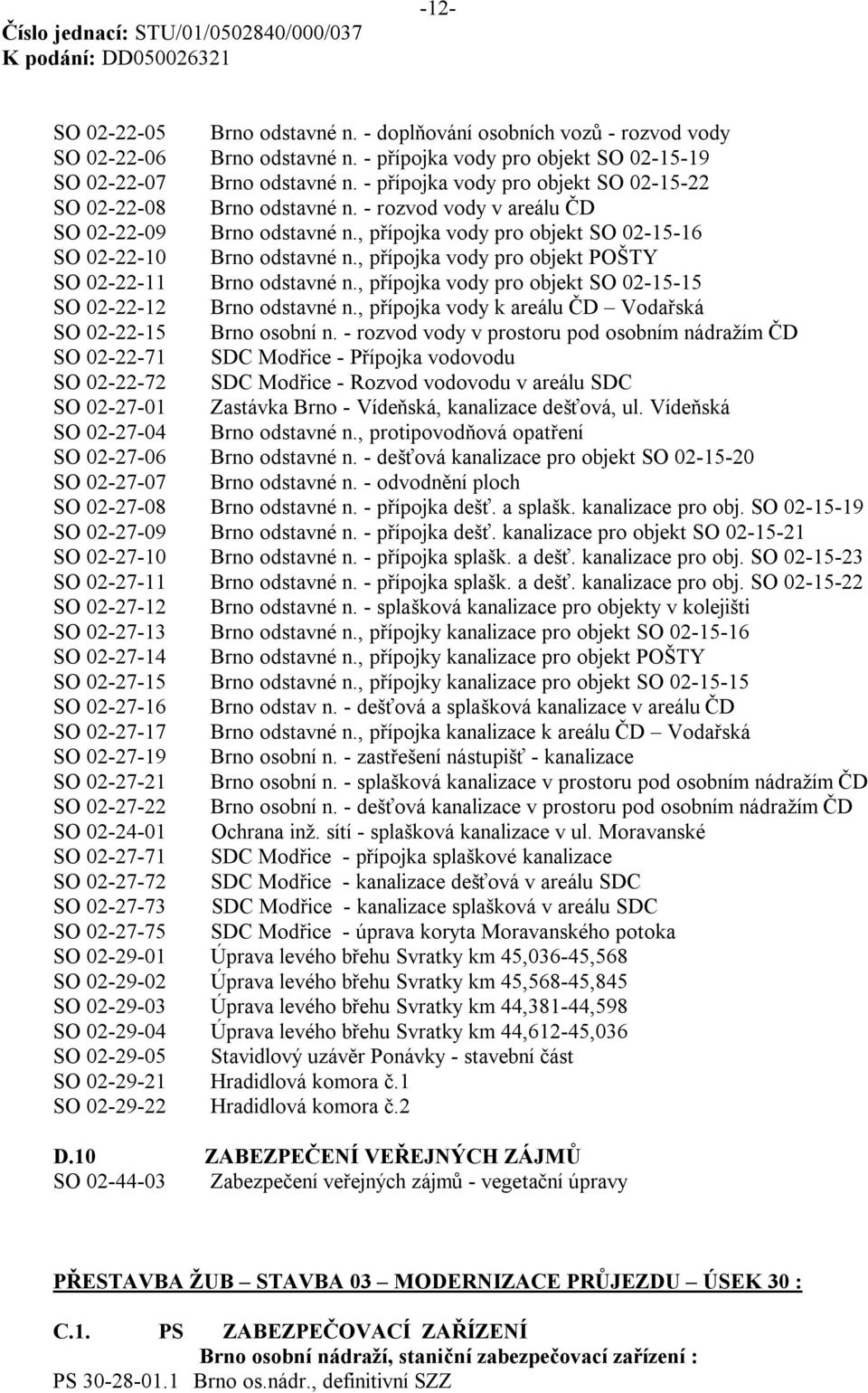 , přípojka vody pro objekt POŠTY SO 02-22-11 Brno odstavné n., přípojka vody pro objekt SO 02-15-15 SO 02-22-12 Brno odstavné n., přípojka vody k areálu ČD Vodařská SO 02-22-15 Brno osobní n.