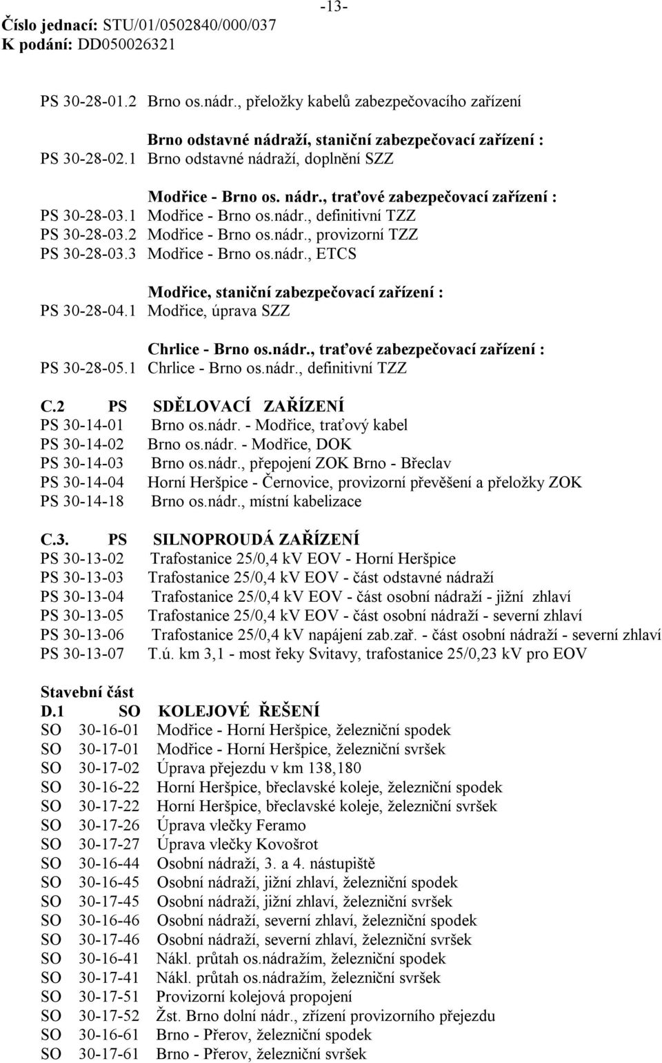 1 Modřice, úprava SZZ Chrlice - Brno os.nádr., traťové zabezpečovací zařízení : PS 30-28-05.1 Chrlice - Brno os.nádr., definitivní TZZ C.2 PS SDĚLOVACÍ ZAŘÍZENÍ PS 30-14-01 Brno os.nádr. - Modřice, traťový kabel PS 30-14-02 Brno os.