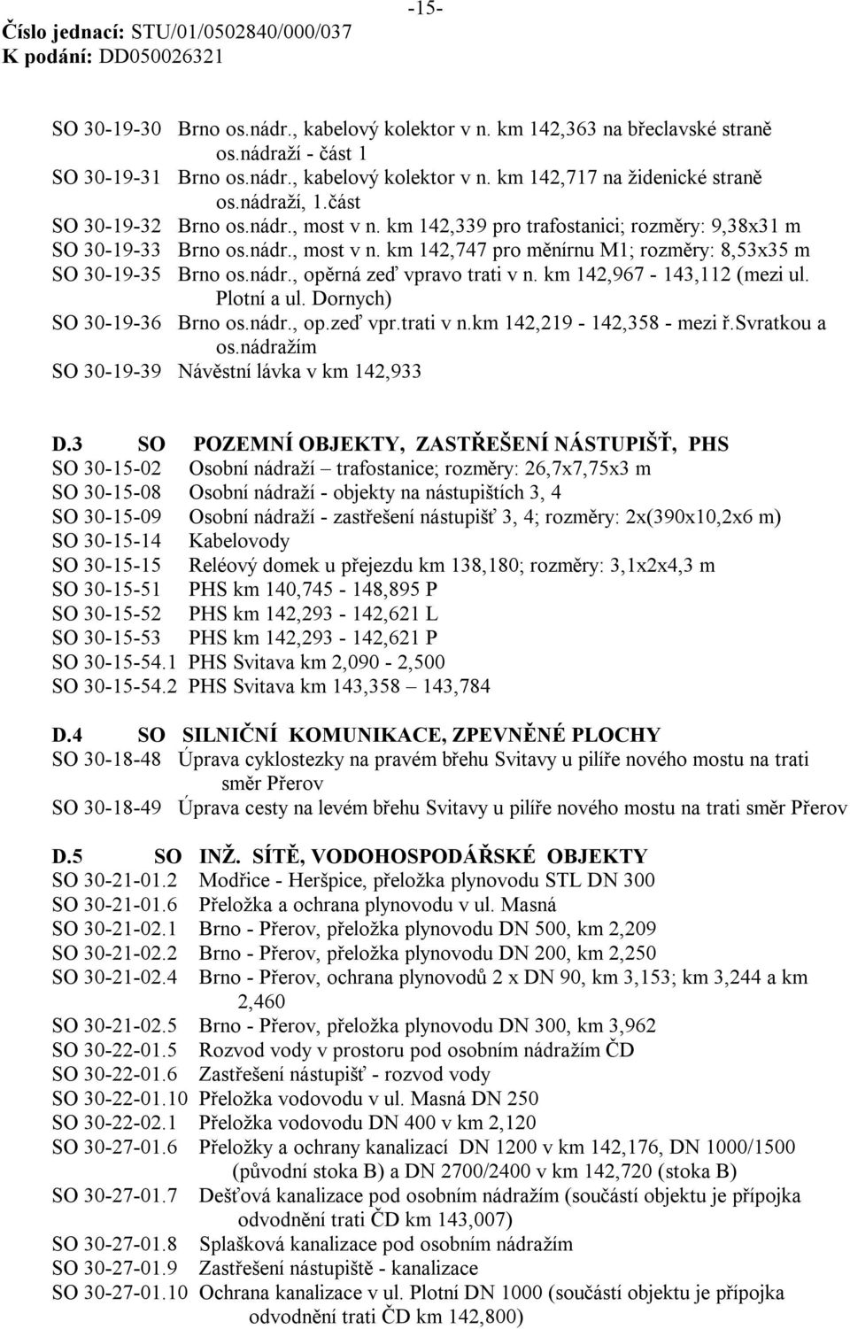 nádr., opěrná zeď vpravo trati v n. km 142,967-143,112 (mezi ul. Plotní a ul. Dornych) SO 30-19-36 Brno os.nádr., op.zeď vpr.trati v n.km 142,219-142,358 - mezi ř.svratkou a os.