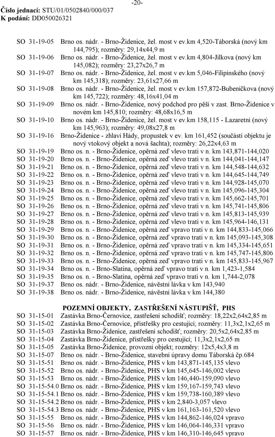 nádr. - Brno-Židenice, nový podchod pro pěší v zast. Brno-Židenice v novém km 145,810; rozměry: 48,68x16,5 m SO 31-19-10 Brno os. nádr. - Brno-Židenice, žel. most v ev.