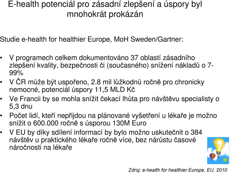 8 mil lůžkodnů ročně pro chronicky nemocné, potenciál úspory 11,5 MLD Kč Ve Francii by se mohla snížit čekací lhůta pro návštěvu specialisty o 5,3 dnu Počet lidí, kteří nepřijdou na