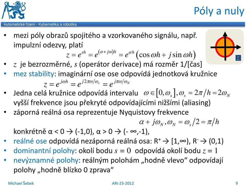 j2πω ωs jπω ωn z = e = e = e Jedna celá kružnice odpovídá intervalu ω [, ωs], ωs = 2π h = 2ωN vyšší frekvence jsou překryté odpovídajícími nižšími (aliasing) záporná reálná osa reprezentuje