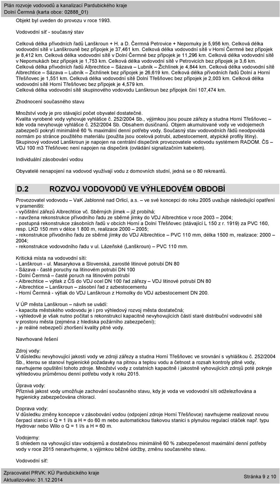 Celková délka vodovodní sítě v Dolní Čermné bez přípojek je 11,296 km. Celková délka vodovodní sítě v Nepomukách bez přípojek je 1,753 km.