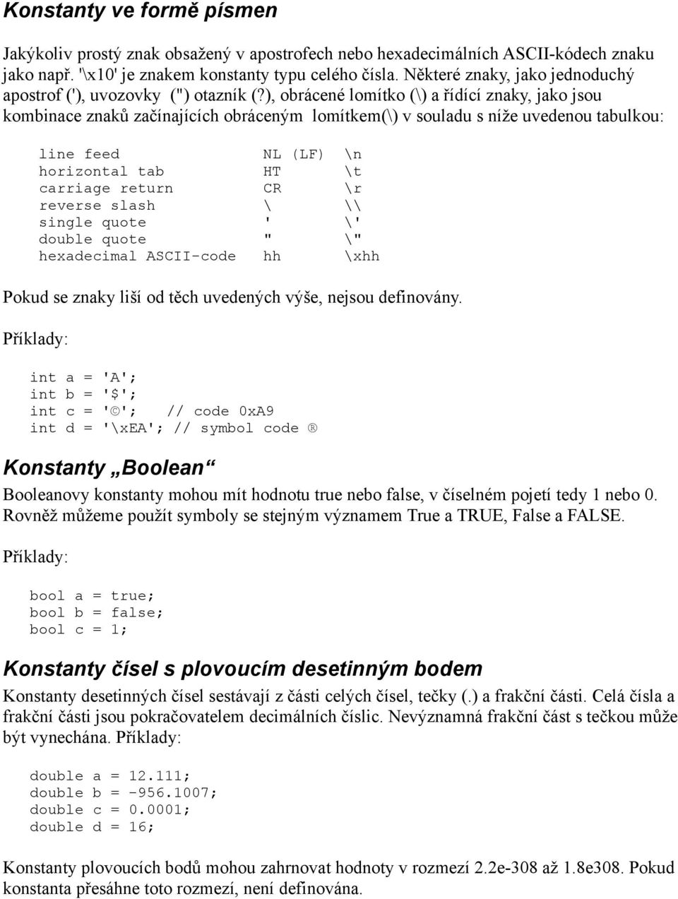 ), obrácené lomítko (\) a řídící znaky, jako jsou kombinace znaků začínajících obráceným lomítkem(\) v souladu s níže uvedenou tabulkou: line feed NL (LF) \n horizontal tab HT \t carriage return CR