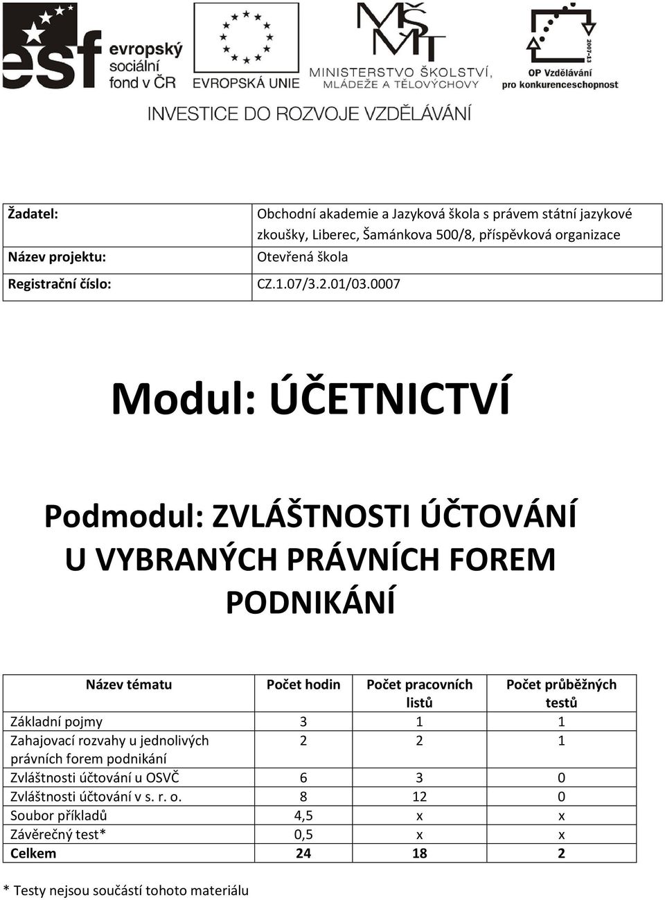 0007 Modul: ÚČETNICTVÍ Podmodul: ZVLÁŠTNOSTI ÚČTOVÁNÍ U VYBRANÝCH PRÁVNÍCH FOREM PODNIKÁNÍ Název tématu Počet hodin Počet pracovních listů Počet