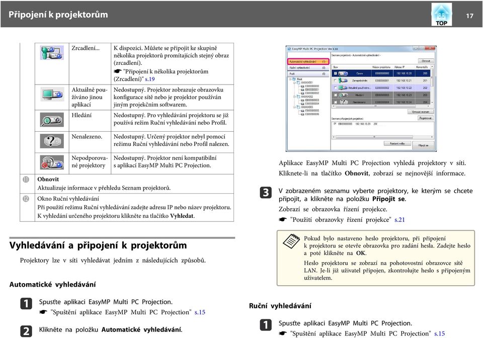 Nedostupný. Určený projektor nebyl pomocí režimu Ruční vyhledávání nebo Profil nlezen. K L Nepodporovné projektory Nedostupný. Projektor není komptibilní s plikcí EsyMP Multi PC Projection.