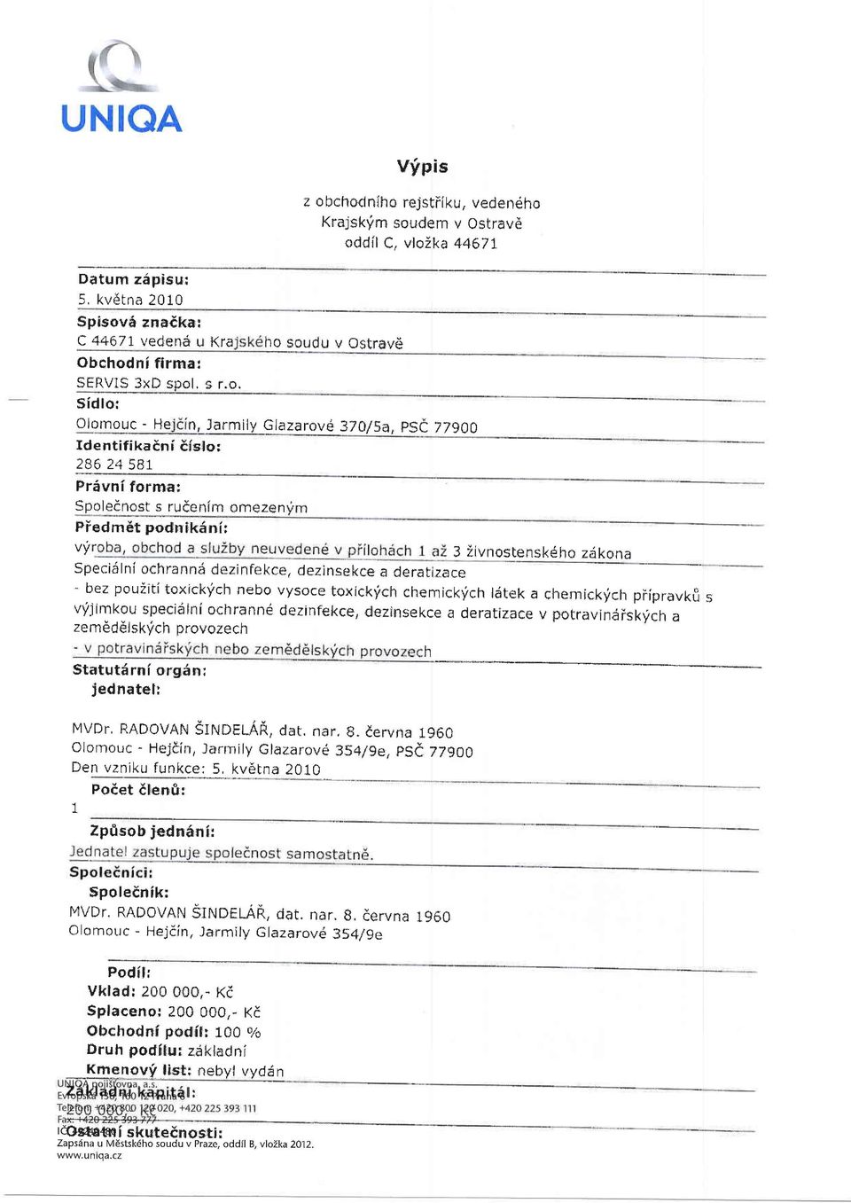 2900 t{slo: Identifikadni 286 24 581 Priivnf fernra: Spoleenost s ru enim smezen Piedm6t podnikini; vy 3 iivnostenskdho zdkona SpeciSlni oehrannd dezinfekce, dezinse[<ee a derabizace ' bez