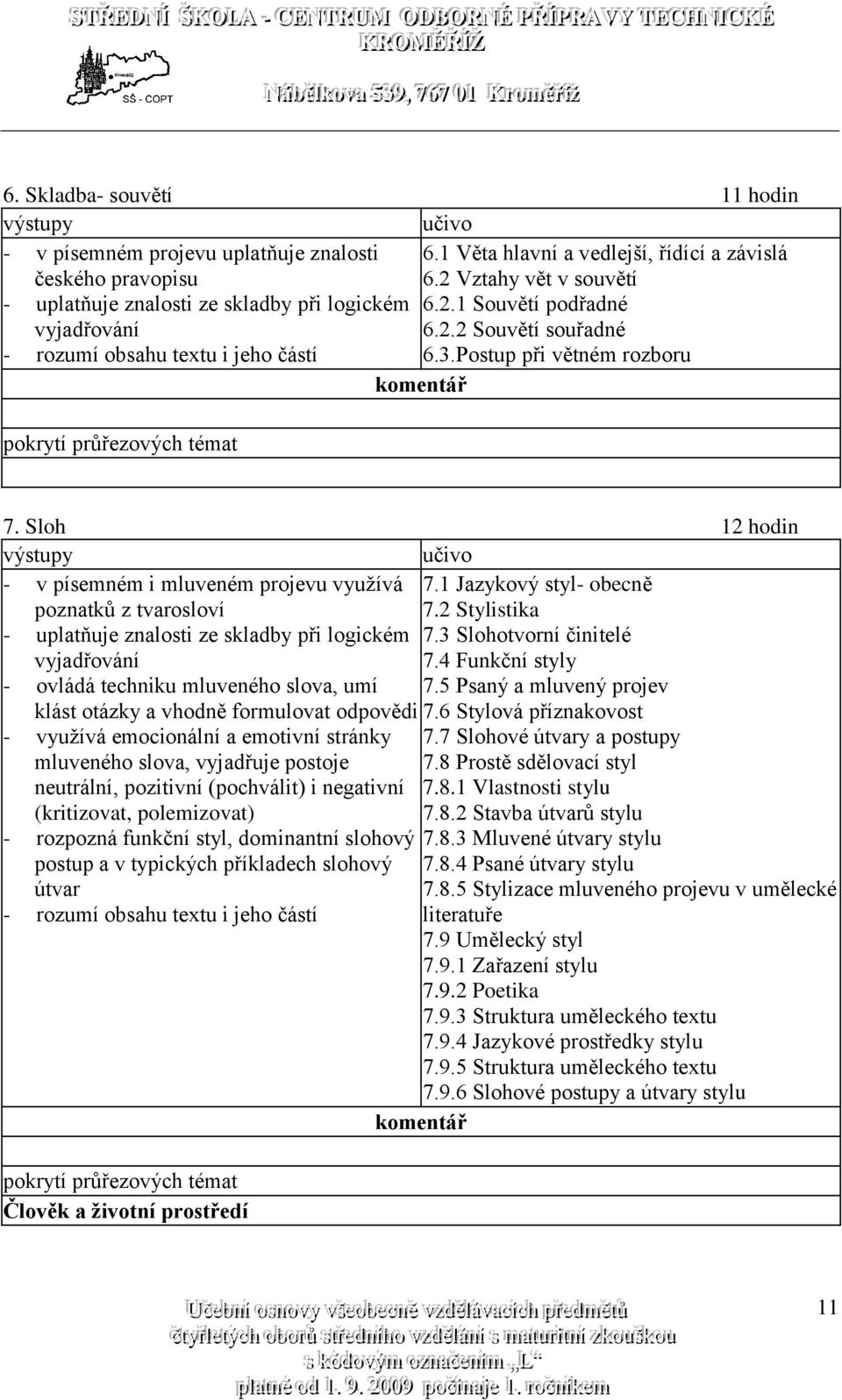 Sloh 12 hodin - v písemném i mluveném projevu využívá poznatků z tvarosloví 7.1 Jazykový styl- obecně 7.2 Stylistika - uplatňuje znalosti ze skladby při logickém 7.