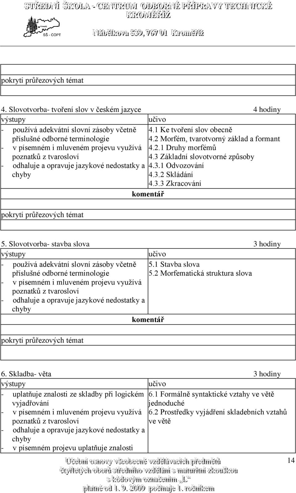 3.1 Odvozování chyby 4.3.2 Skládání 4.3.3 Zkracování 5. Slovotvorba- stavba slova 3 hodiny - používá adekvátní slovní zásoby včetně příslušné odborné terminologie 5.1 Stavba slova 5.