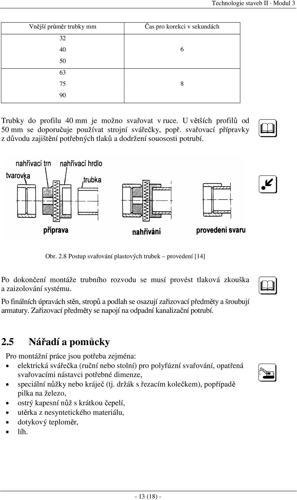 8 Postup svařování plastových trubek provedení [14] Po dokončení montáže trubního rozvodu se musí provést tlaková zkouška a zaizolování systému.