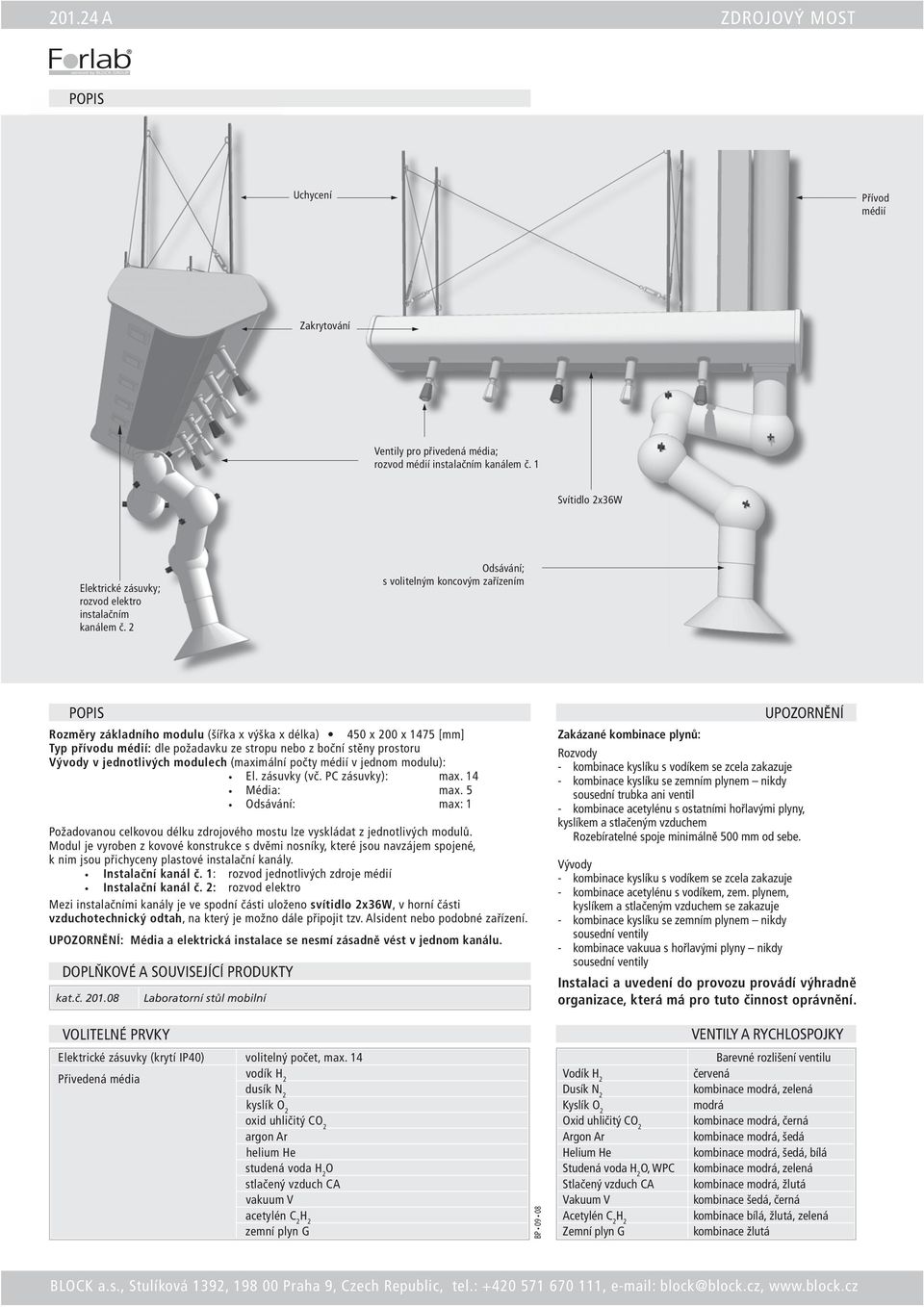 2 Odsávání; s volitelným koncovým zařízením POPIS Rozměry základního modulu (šířka x výška x délka) 450 x 200 x 1475 Typ přívodu médií: dle požadavku ze stropu nebo z boční stěny prostoru Vývody v