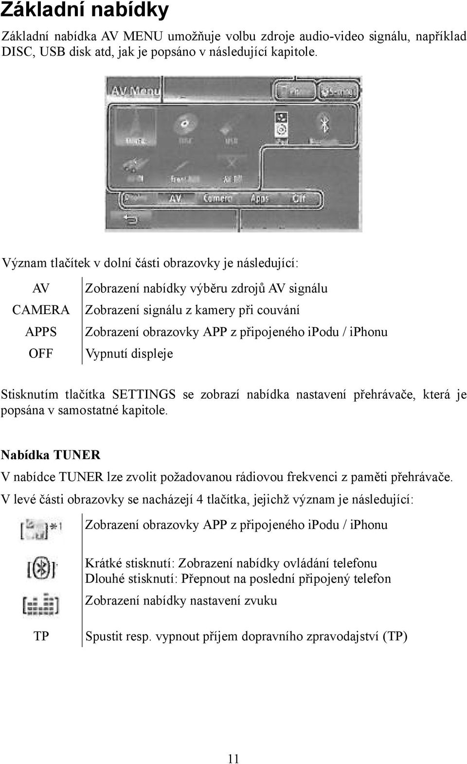 iphonu OFF Vypnutí displeje Stisknutím tlačítka SETTINGS se zobrazí nabídka nastavení přehrávače, která je popsána v samostatné kapitole.