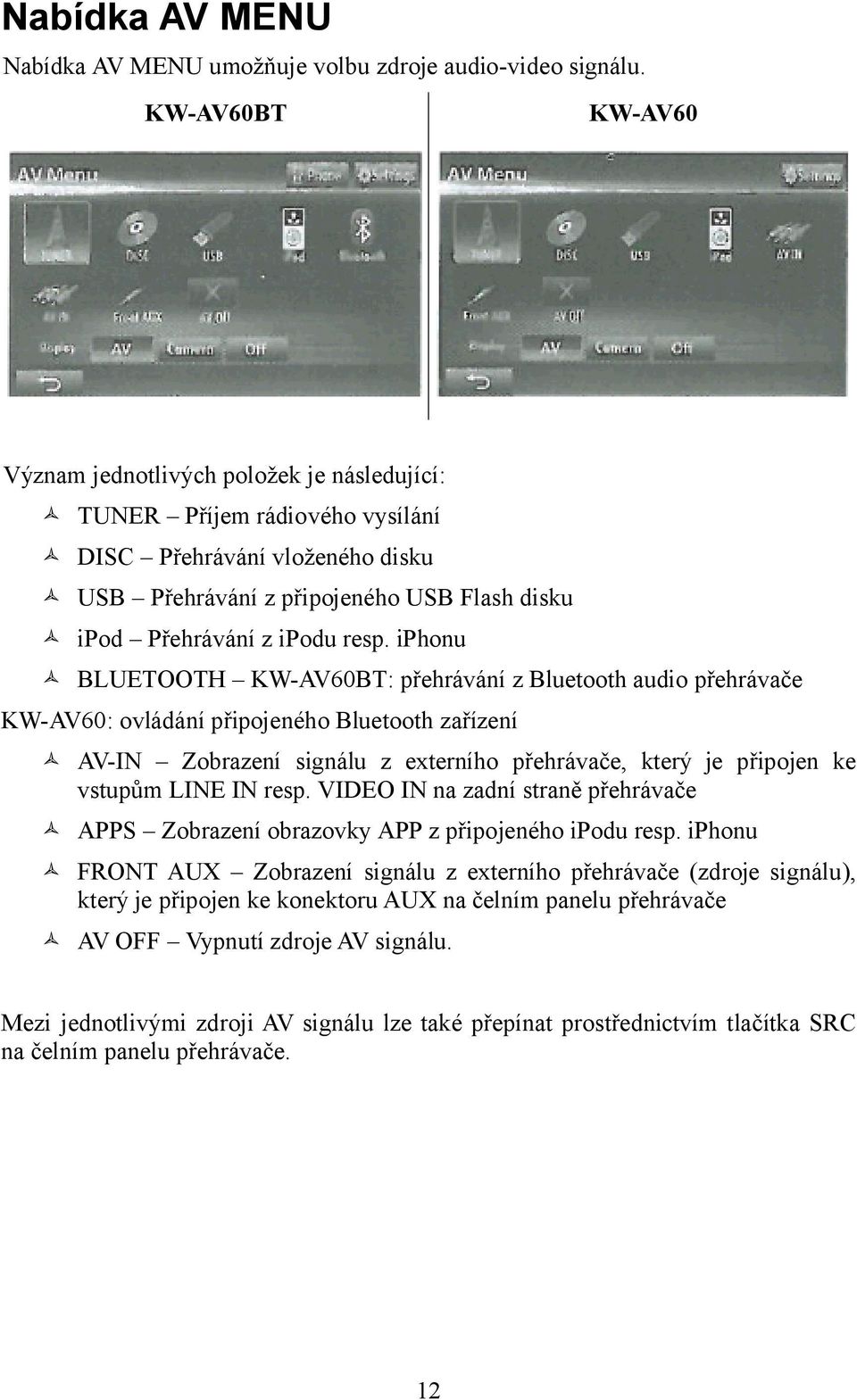 iphonu BLUETOOTH KW-AV60BT: přehrávání z Bluetooth audio přehrávače KW-AV60: ovládání připojeného Bluetooth zařízení AV-IN Zobrazení signálu z externího přehrávače, který je připojen ke vstupům LINE