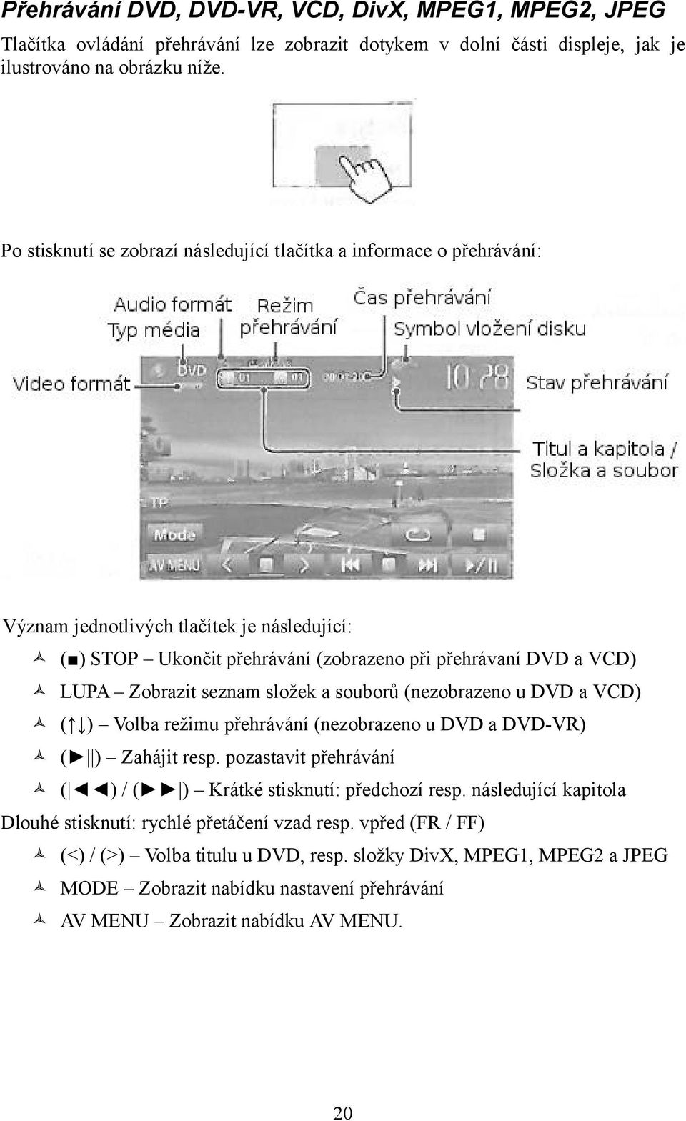 seznam složek a souborů (nezobrazeno u DVD a VCD) ( ) Volba režimu přehrávání (nezobrazeno u DVD a DVD-VR) ( ) Zahájit resp. pozastavit přehrávání ( ) / ( ) Krátké stisknutí: předchozí resp.