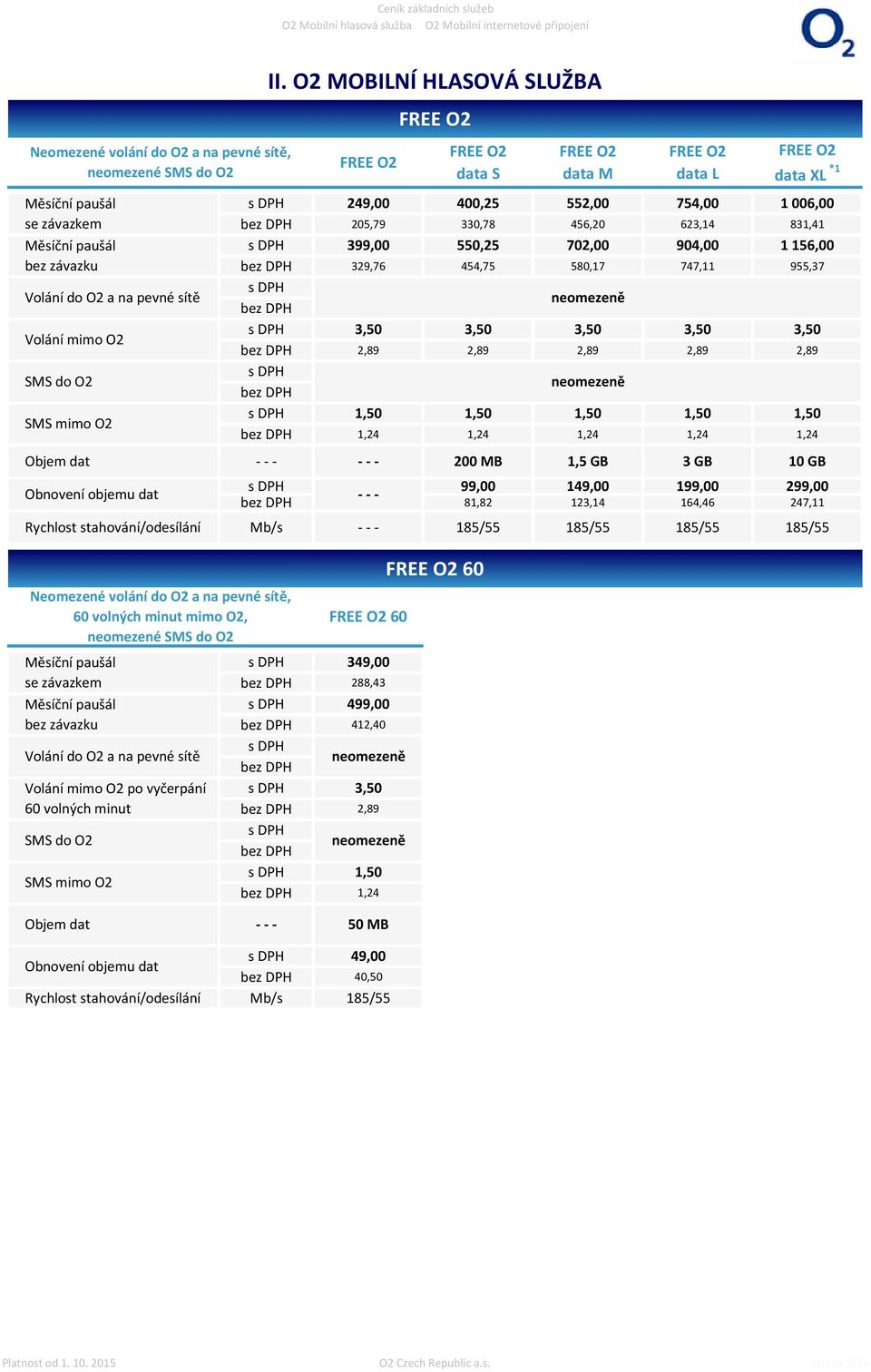 O2 MOBILNÍ HLASOVÁ SLUŽBA FREE O2 FREE O2 FREE O2 data S FREE O2 data M FREE O2 data L FREE O2 data XL *1 249,00 400,25 552,00 754,00 1 006,00 205,79 330,78 456,20 623,14 831,41 399,00 550,25 702,00