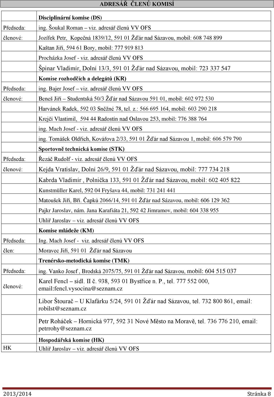 adresář členů VV OFS Špinar Vladimír, Dolní 13/3, 591 01 Žďár nad Sázavou, mobil: 723 337 547 Komise rozhodčích a delegátů (KR) ing. Bajer Josef viz.