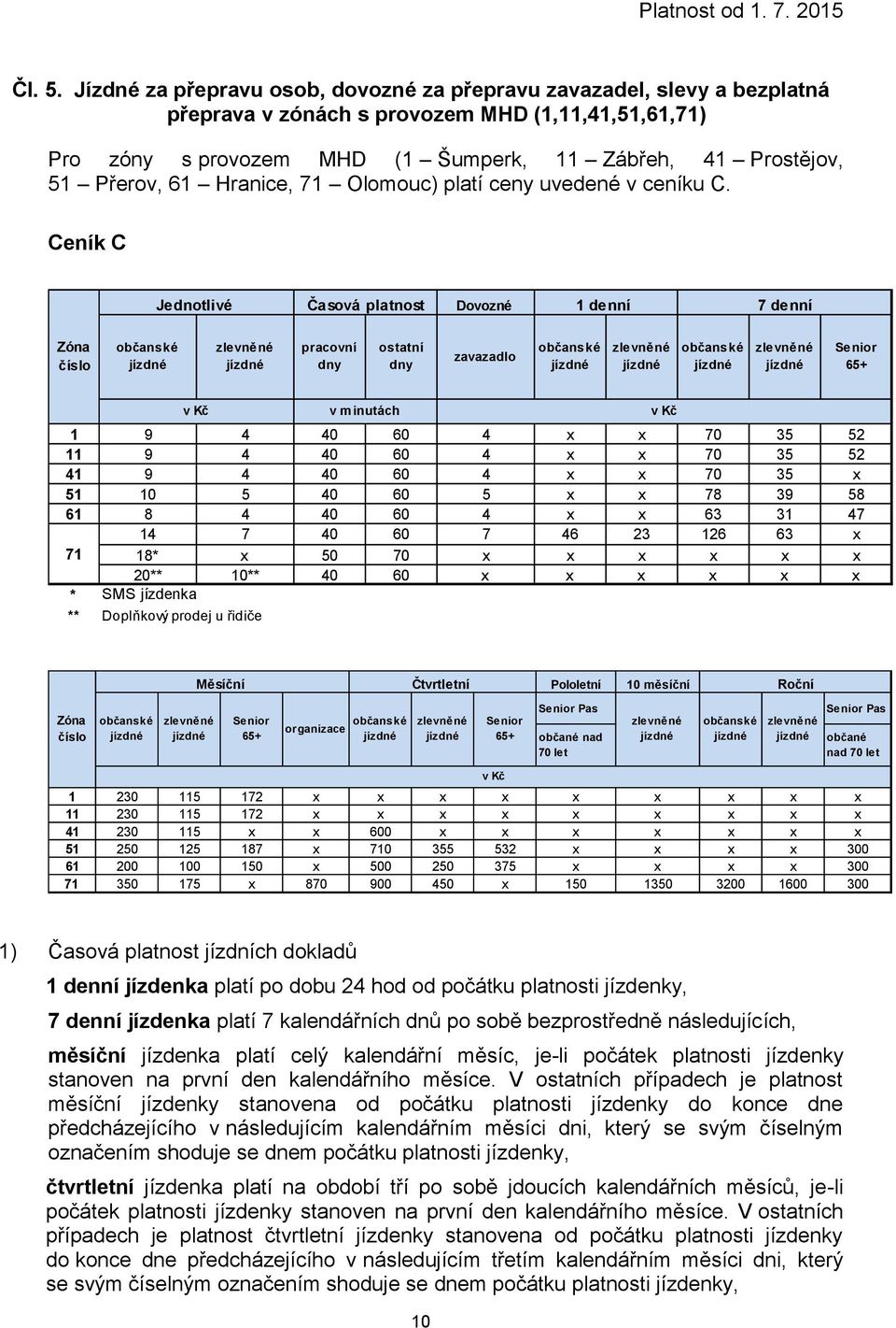 61 Hranice, 71 Olomouc) platí ceny uvedené v ceníku C.