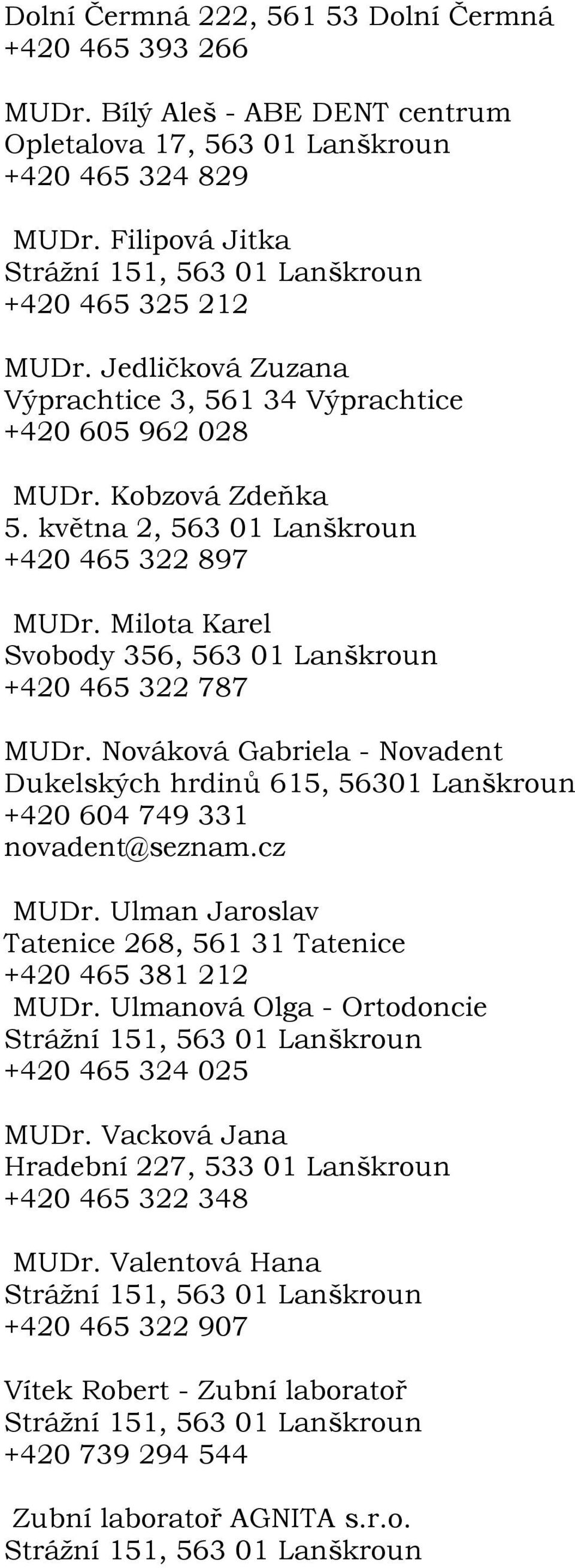 Milota Karel Svobody 356, 563 01 Lanškroun +420 465 322 787 MUDr. Nováková Gabriela - Novadent Dukelských hrdinů 615, 56301 Lanškroun +420 604 749 331 novadent@seznam.cz MUDr.