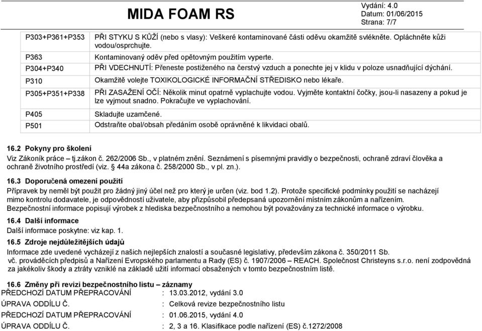 ------ P310 Okamžitě volejte TOXIKOLOGICKÉ INFORMAČNÍ STŘEDISKO nebo lékaře. P305+P351+P338 PŘI ZASAŽENÍ OČÍ Několik minut opatrně vyplachujte vodou.