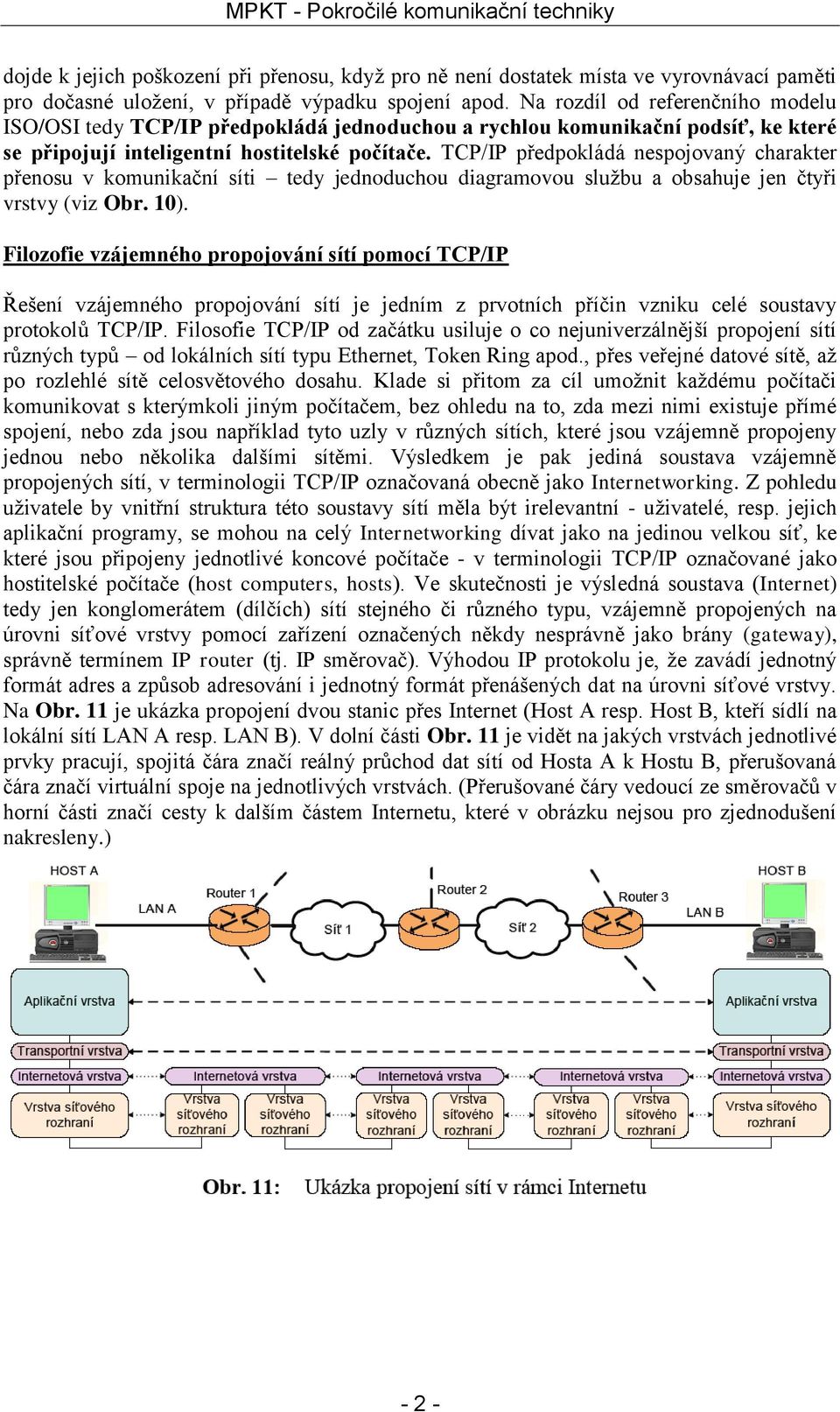 TCP/IP předpokládá nespojovaný charakter přenosu v komunikační síti tedy jednoduchou diagramovou službu a obsahuje jen čtyři vrstvy (viz Obr. 10).