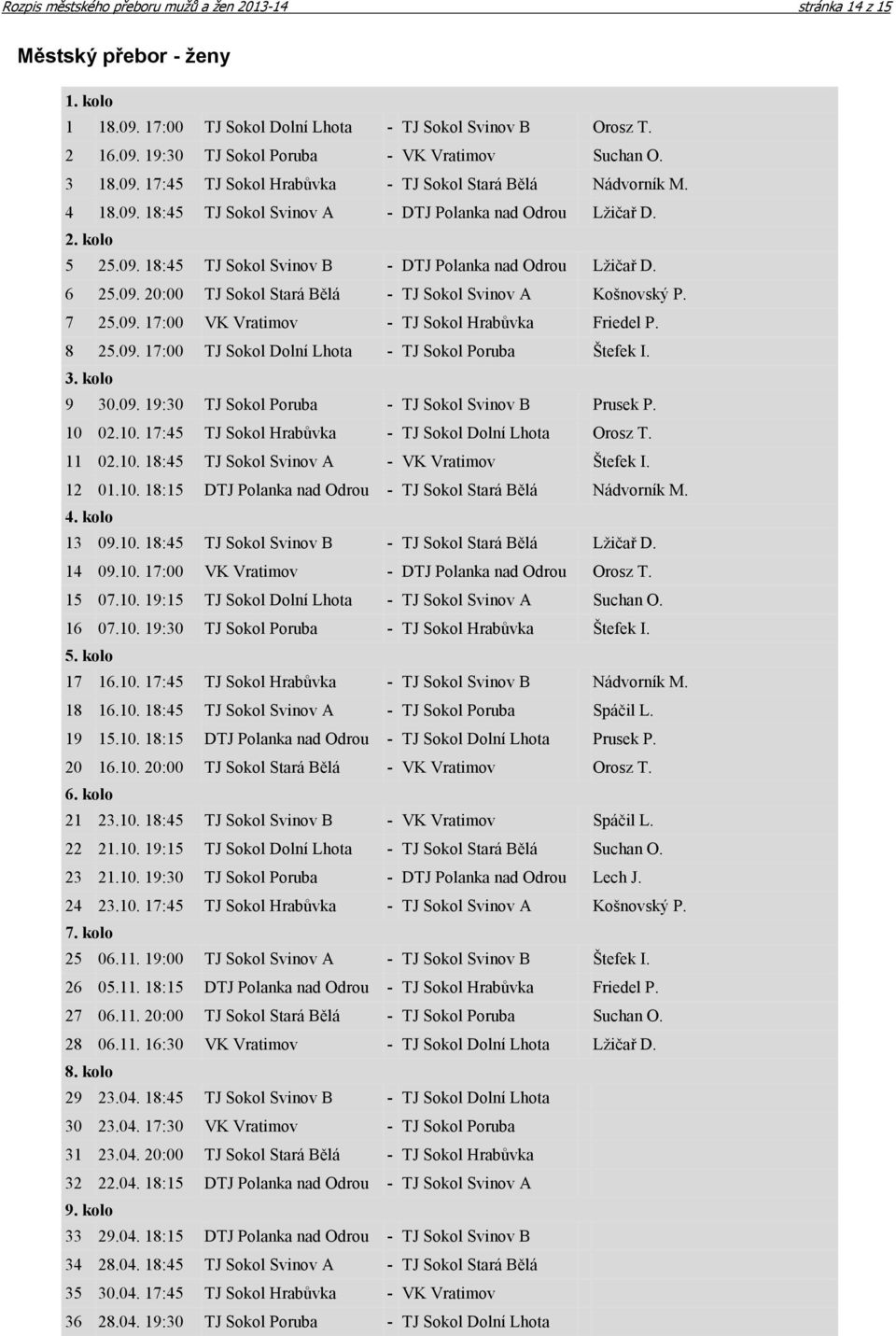 6 25.09. 20:00 TJ Sokol Stará Bělá - TJ Sokol Svinov A Košnovský P. 7 25.09. 17:00 VK Vratimov - TJ Sokol Hrabůvka Friedel P. 8 25.09. 17:00 TJ Sokol Dolní Lhota - TJ Sokol Poruba Štefek I. 3.