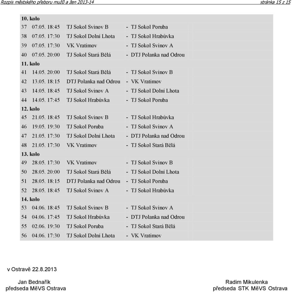 05. 17:45 TJ Sokol Hrabůvka - TJ Sokol Poruba 12. kolo 45 21.05. 18:45 TJ Sokol Svinov B - TJ Sokol Hrabůvka 46 19.05. 19:30 TJ Sokol Poruba - TJ Sokol Svinov A 47 21.05. 17:30 TJ Sokol Dolní Lhota - DTJ Polanka nad Odrou 48 21.