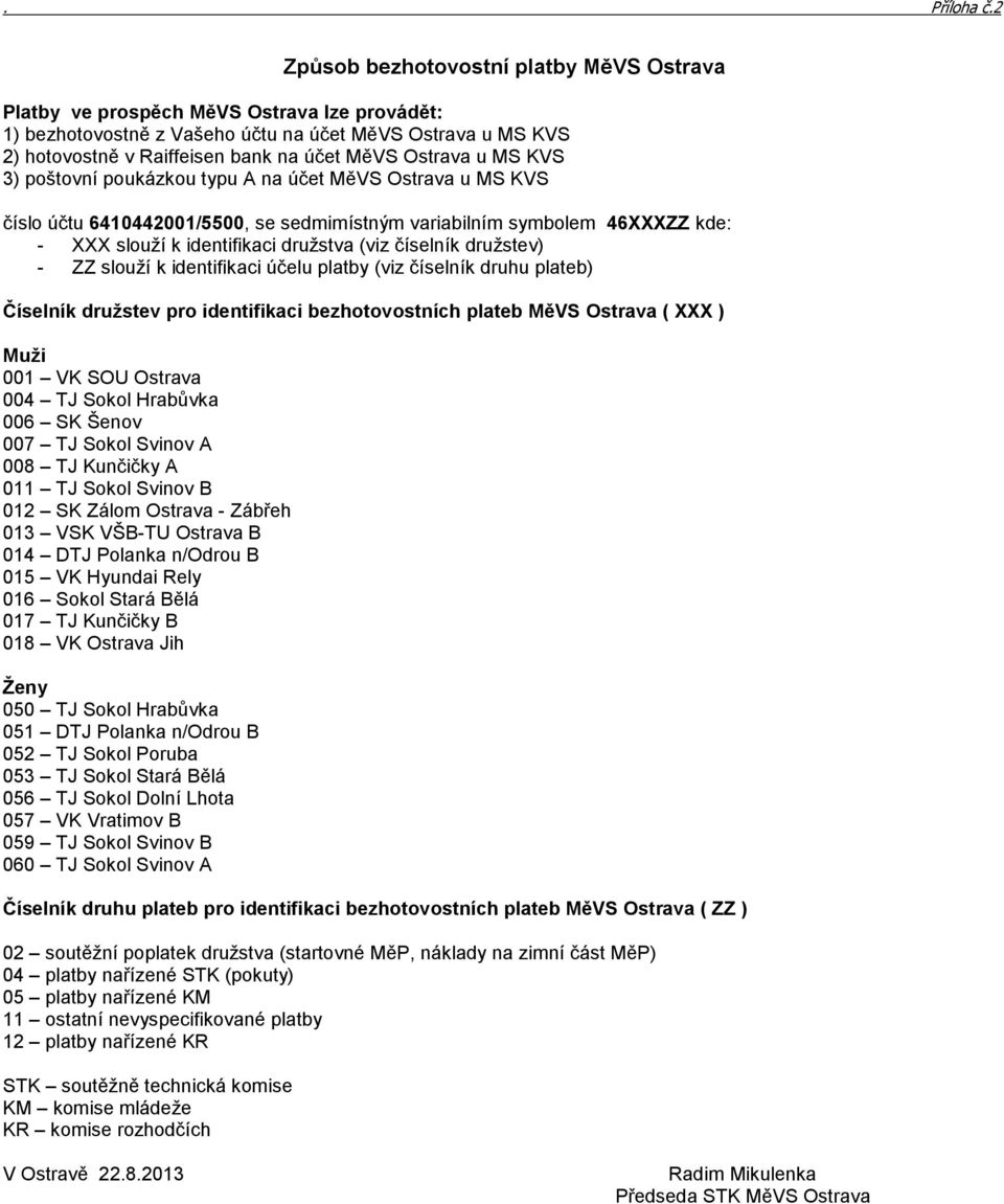 Ostrava u MS KVS 3) poštovní poukázkou typu A na účet MěVS Ostrava u MS KVS číslo účtu 6410442001/5500, se sedmimístným variabilním symbolem 46XXXZZ kde: - XXX slouží k identifikaci družstva (viz