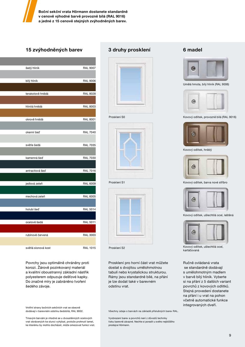 Prosklení S0 Kovový odlitek, provozně bílá (RAL 9016) okenní šeď RAL 7040 světle šedá RAL 7035 Kovový odlitek, hnědý kamenná šeď RAL 7030 antracitová šeď RAL 7016 jedlová zeleň RAL 6009 Prosklení S1