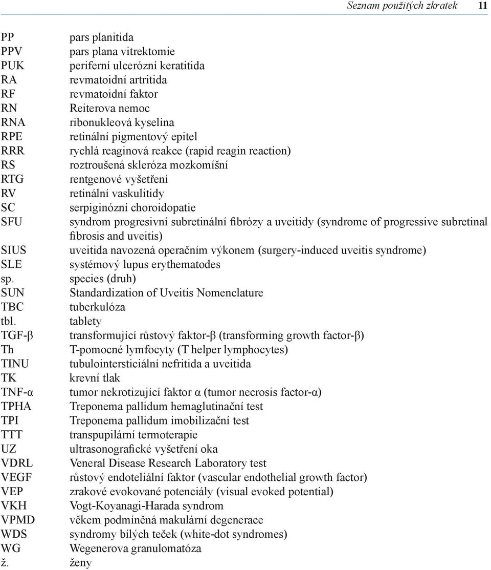 SFU syndrom progresivní subretinální fibrózy a uveitidy (syndrome of progressive subretinal fibrosis and uveitis) SIUS uveitida navozená operačním výkonem (surgery-induced uveitis syndrome) SLE