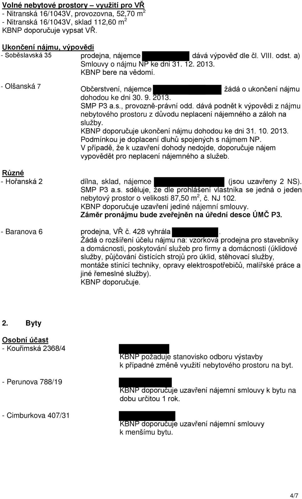 - Olšanská 7 - Hořanská 2 - Baranova 6 Občerstvení, nájemce žádá o ukončení nájmu dohodou ke dni 30. 9. 2013. SMP P3 a.s., provozně-právní odd.