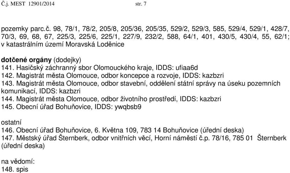 Moravská Loděnice dotčené orgány (dodejky) 141. Hasičský záchranný sbor Olomouckého kraje, IDDS: ufiaa6d 142. Magistrát města Olomouce, odbor koncepce a rozvoje, IDDS: kazbzri 143.