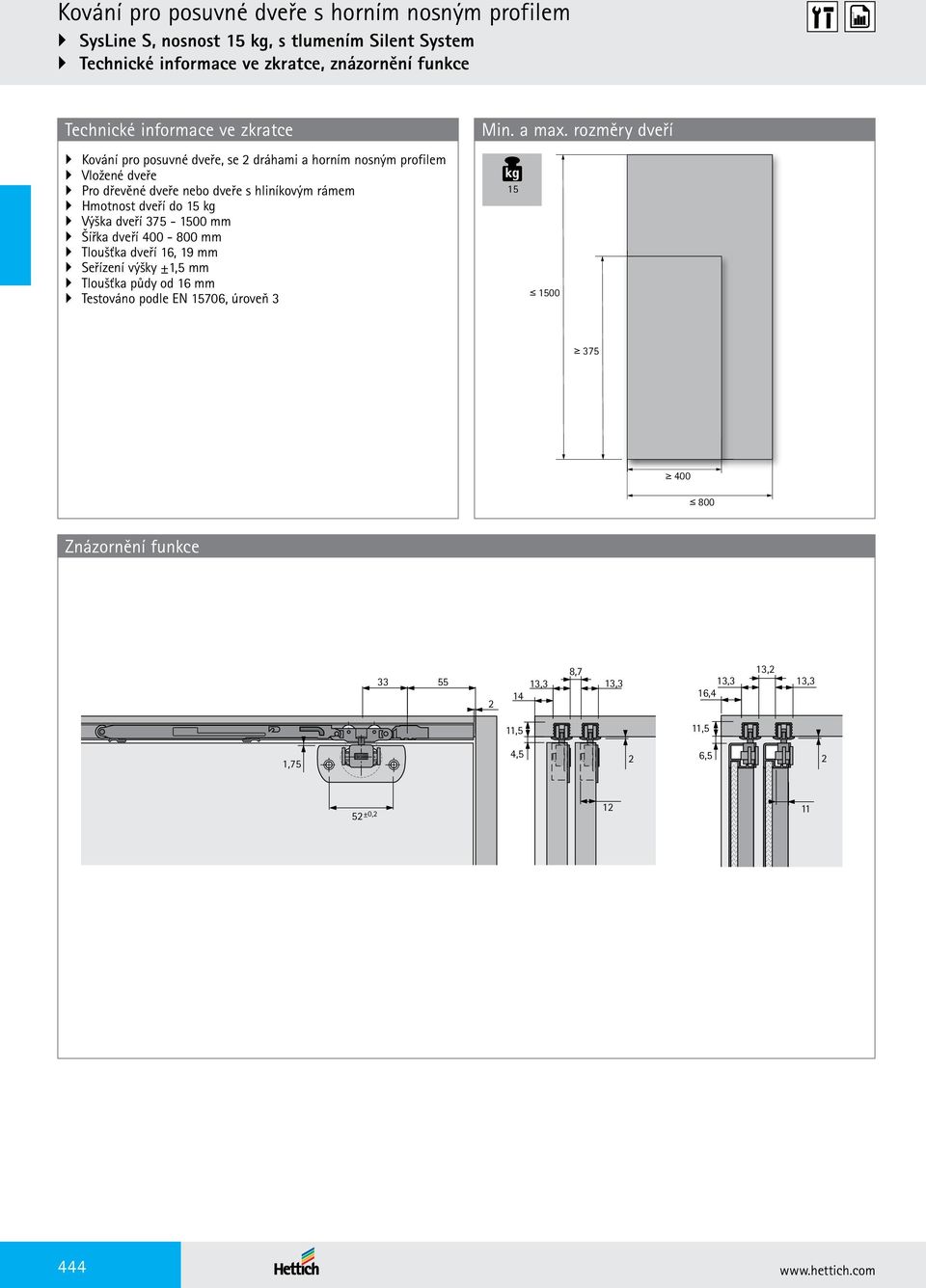 do 15 kg Výška dveří 375-1500 mm Šířka dveří 400-800 mm Tloušťka dveří, 19 mm Seřízení výšky ±1,5 mm Tloušťka půdy od mm Testováno podle