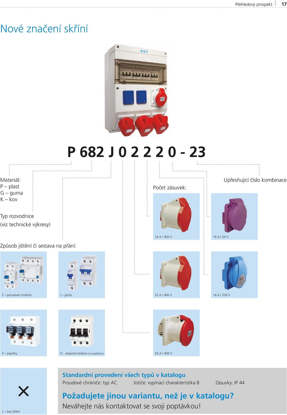 / 230 V P pojistky K atypická sestava (na poptávku) 63 A / 400 V Standardní provedení všech typů v katalogu Proudové chrániče: typ AC Jističe: