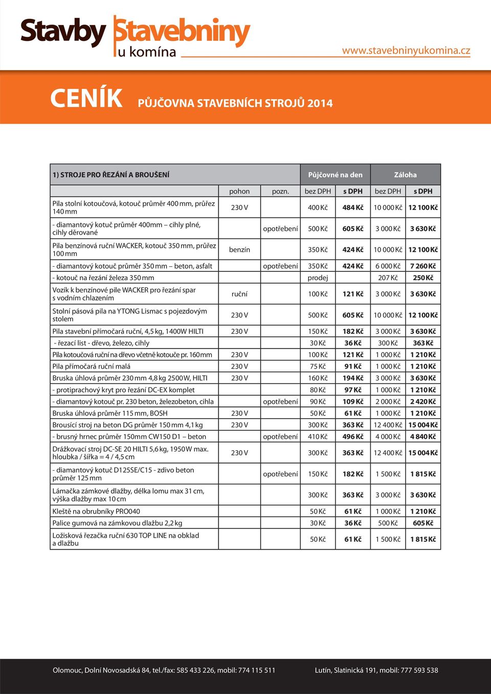 500 Kč 605 Kč 3 000 Kč 3 630 Kč Pila benzínová ruční WACKER, kotouč 350 mm, průřez 100 mm benzín 350 Kč 424 Kč 10 000 Kč 12 100 Kč - diamantový kotouč průměr 350 mm beton, asfalt opotřebení 350 Kč