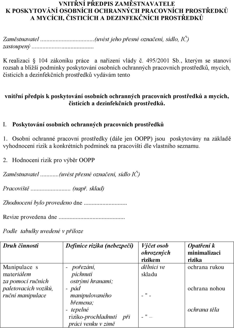 , kterým se stanoví rozsah a bližší podmínky poskytování osobních ochranných pracovních prostředků, mycích, čisticích a dezinfekčních prostředků vydávám tento vnitřní předpis k poskytování osobních