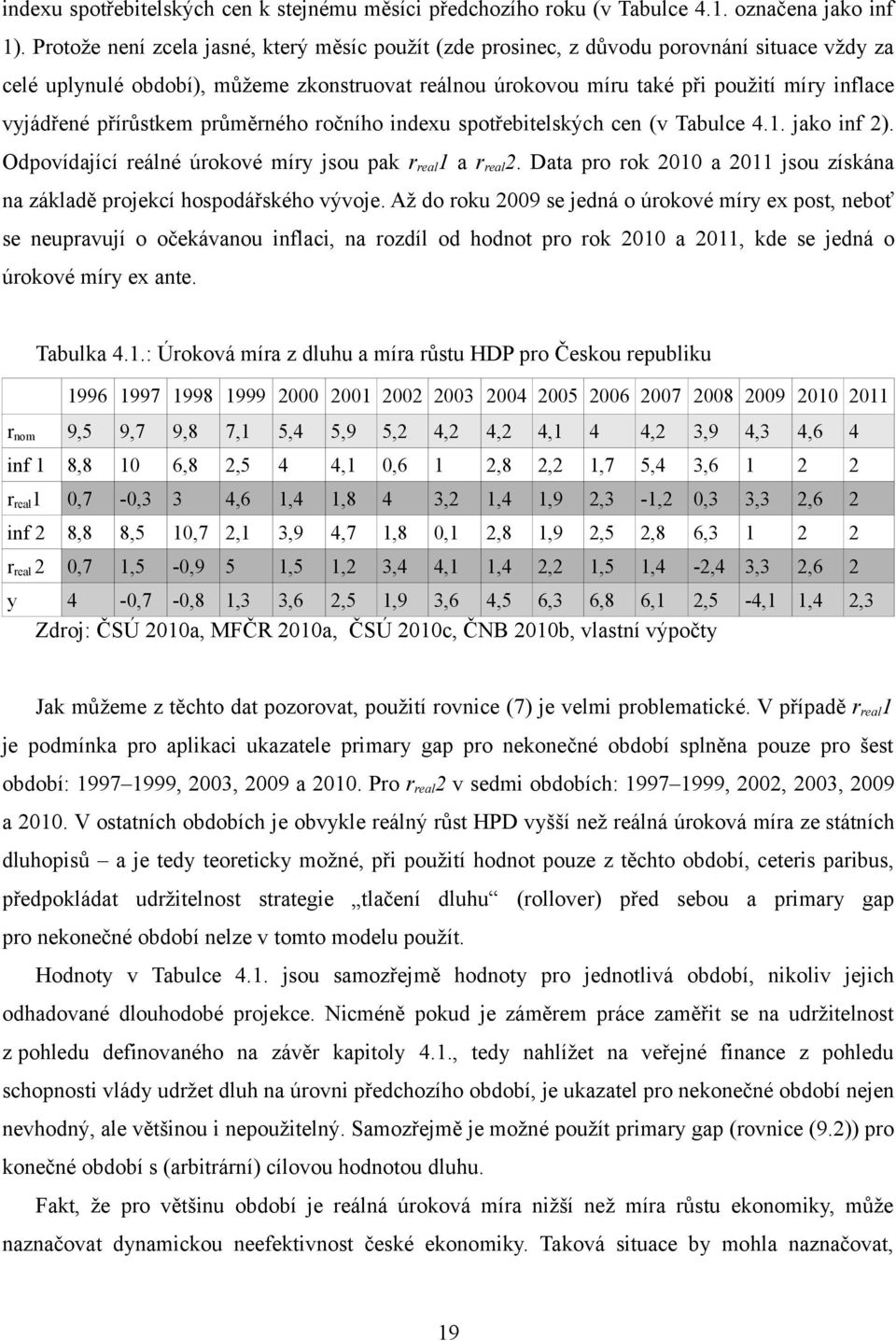 přírůstkem průměrného ročního indexu spotřebitelských cen (v abulce 4.1. jako inf 2). Odpovídající reálné úrokové míry jsou pak r real 1 a r real 2.