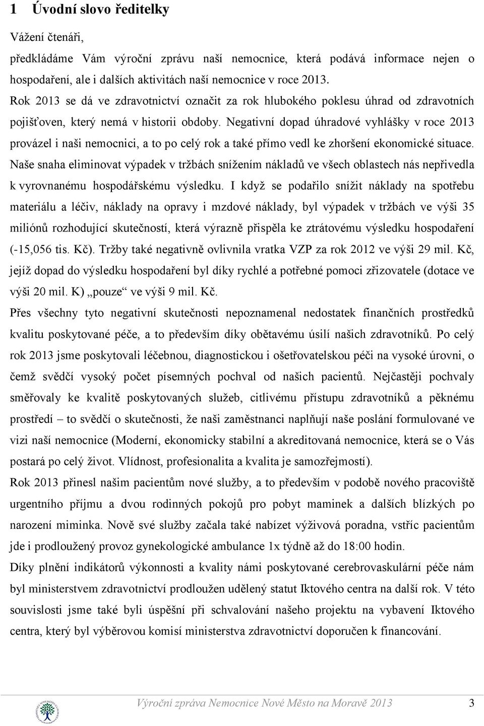 Negativní dopad úhradové vyhlášky v roce 2013 provázel i naši nemocnici, a to po celý rok a také přímo vedl ke zhoršení ekonomické situace.