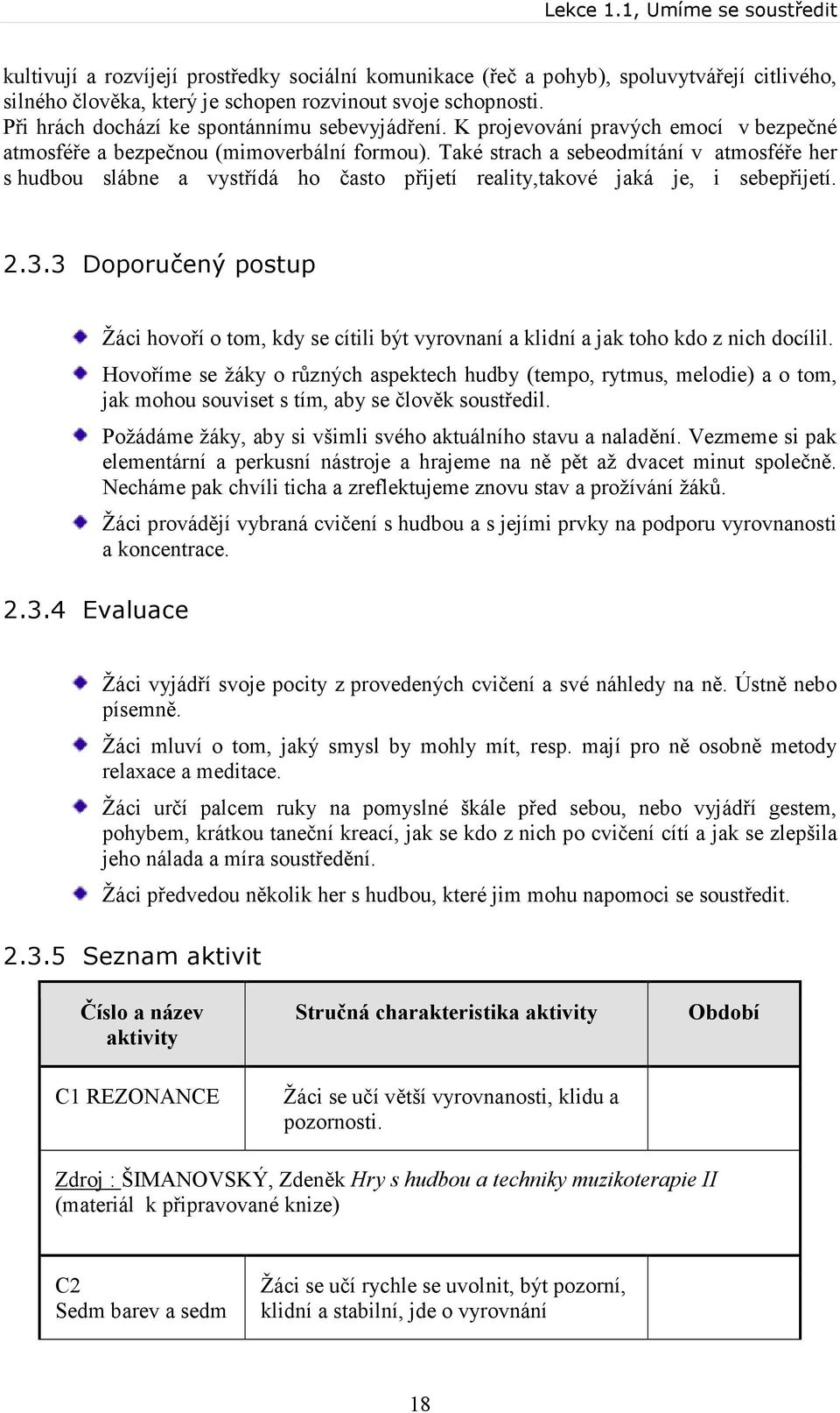 Také strach a sebeodmítání v atmosféře her s hudbou slábne a vystřídá ho často přijetí reality,takové jaká je, i sebepřijetí. 2.3.