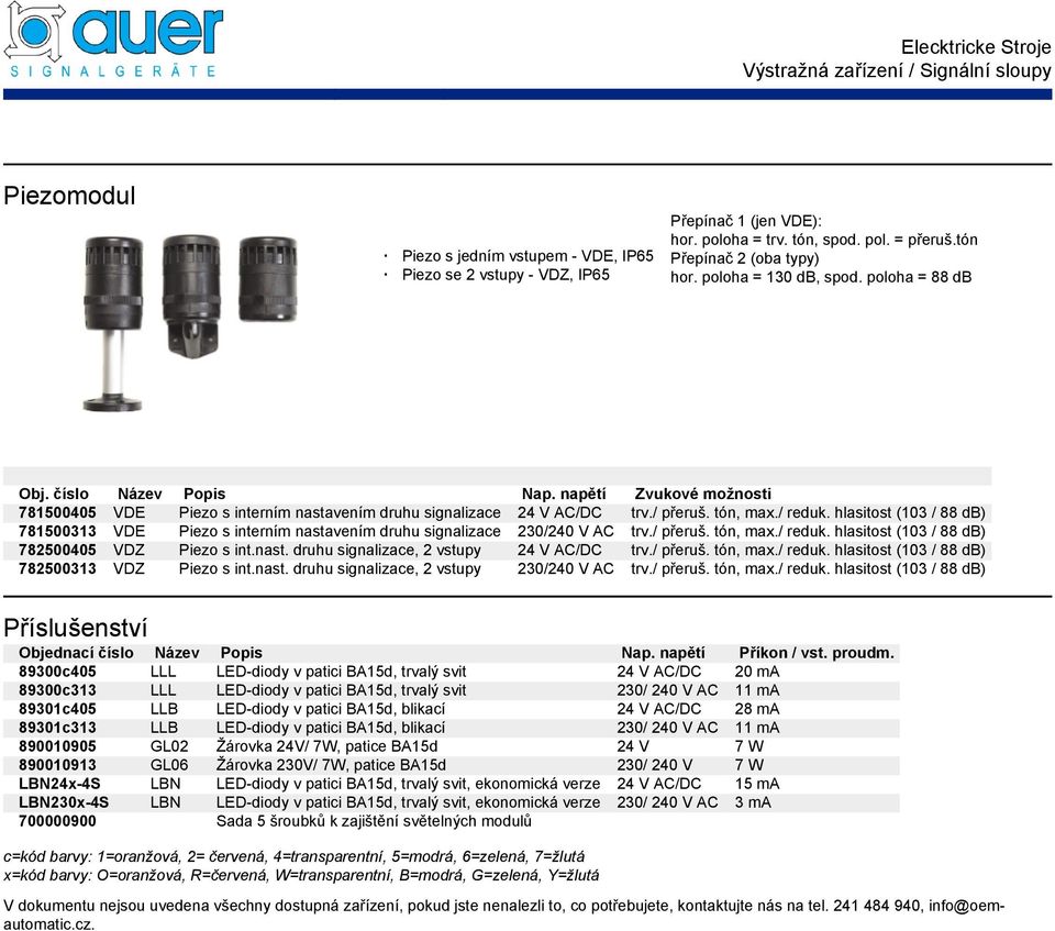 / přeruš. tón, max./ reduk. hlasitost (103 / 88 db) 781500313 VDE Piezo s interním nastavením druhu signalizace 230/240 V AC trv./ přeruš. tón, max./ reduk. hlasitost (103 / 88 db) 782500405 VDZ Piezo s int.