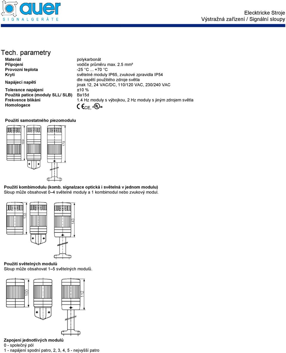 .. +70 C světelné moduly IP65, zvukové zpravidla IP54 dle napětí použitého zdroje světla jinak 12, 24 VAC/DC, 110/120 VAC, 230/240 VAC ±10 % Ba15d 1.