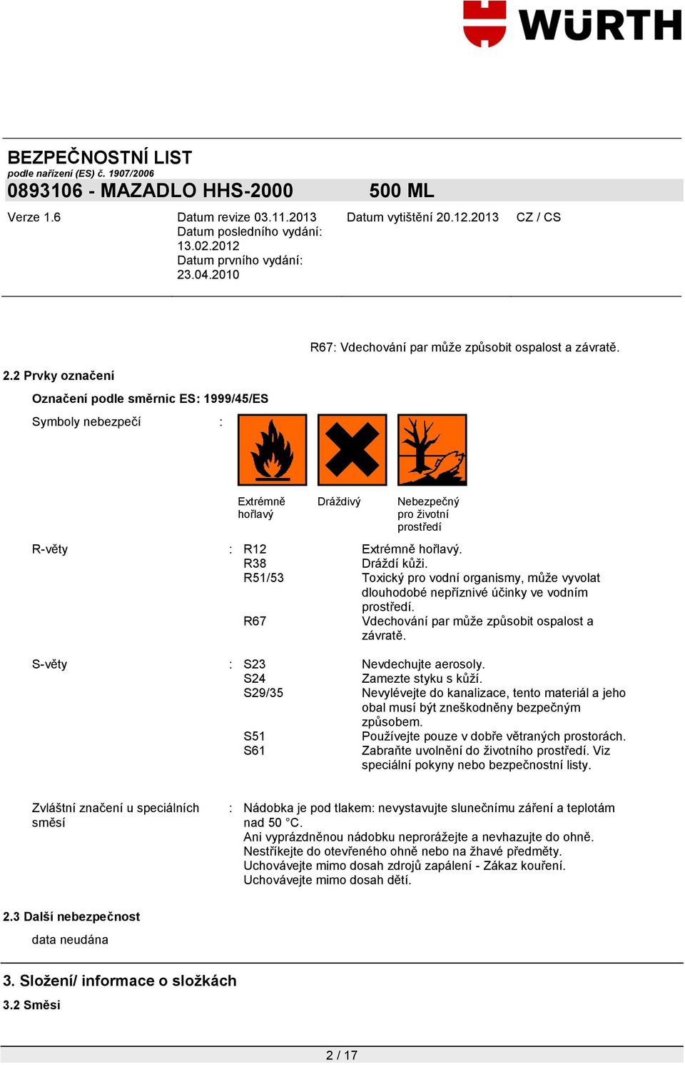 R51/53 Toxický pro vodní organismy, můţe vyvolat dlouhodobé nepříznivé účinky ve vodním prostředí. R67 Vdechování par můţe způsobit ospalost a závratě. S-věty : S23 Nevdechujte aerosoly.