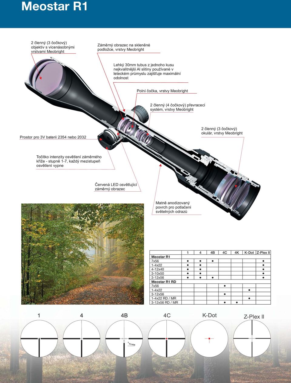 2032 2 členný (3 čočkový) okulár, vrstvy Meobright Točítko intenzity osvětlení záměrného kříže - stupně 1-7, každý mezistupeň osvětlení vypne Červená LED osvětlující záměrný obrazec