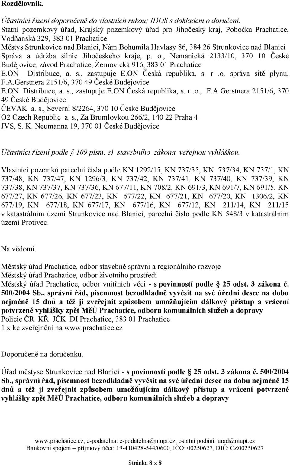 Bohumila Havlasy 86, 384 26 Strunkovice nad Blanicí Správa a údržba silnic Jihočeského kraje, p. o., Nemanická 2133/10, 370 10 České Budějovice, závod Prachatice, Žernovická 916, 383 01 Prachatice E.