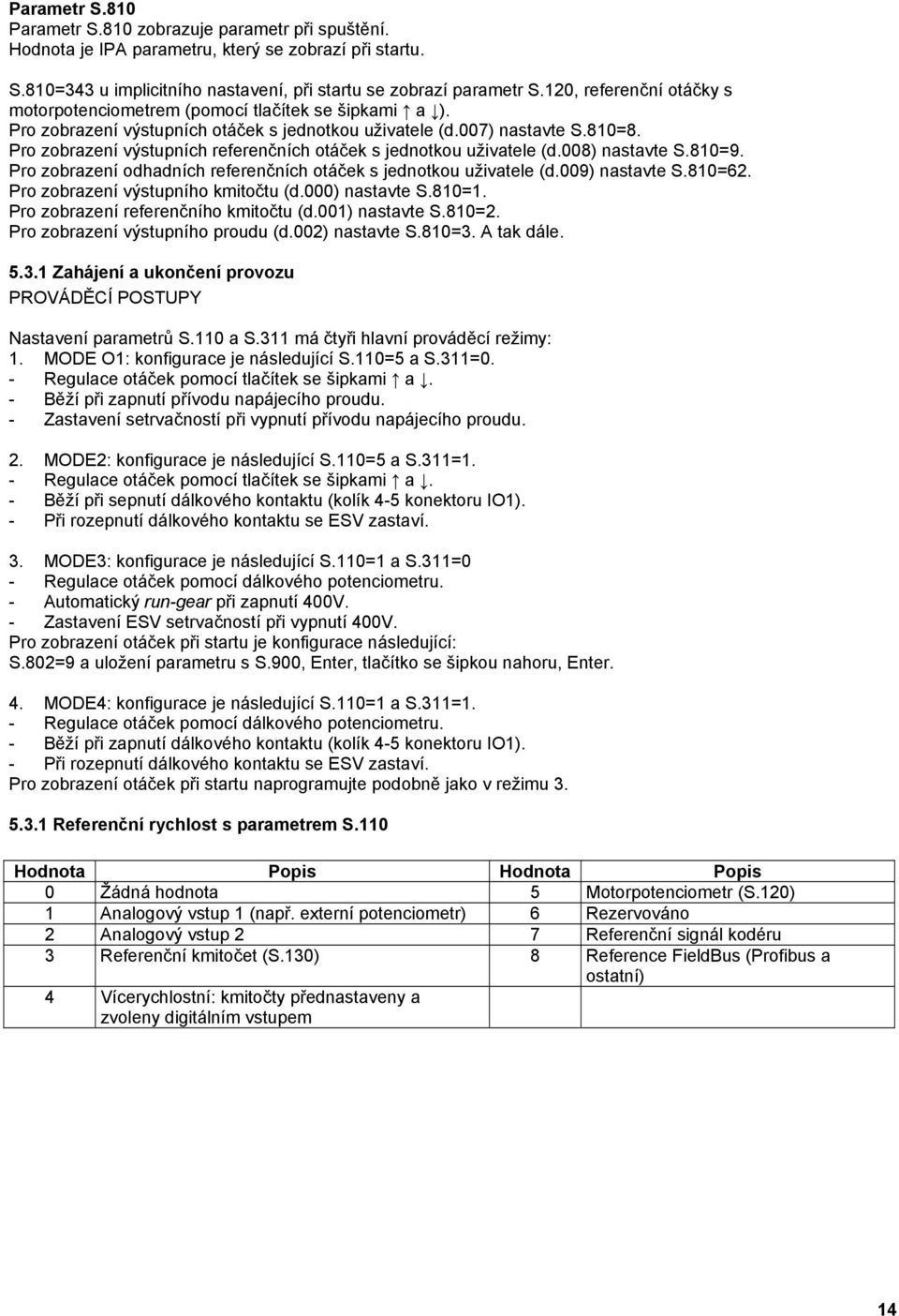 Pro zobrazení výstupních referenčních otáček s jednotkou uživatele (d.008) nastavte S.810=9. Pro zobrazení odhadních referenčních otáček s jednotkou uživatele (d.009) nastavte S.810=62.