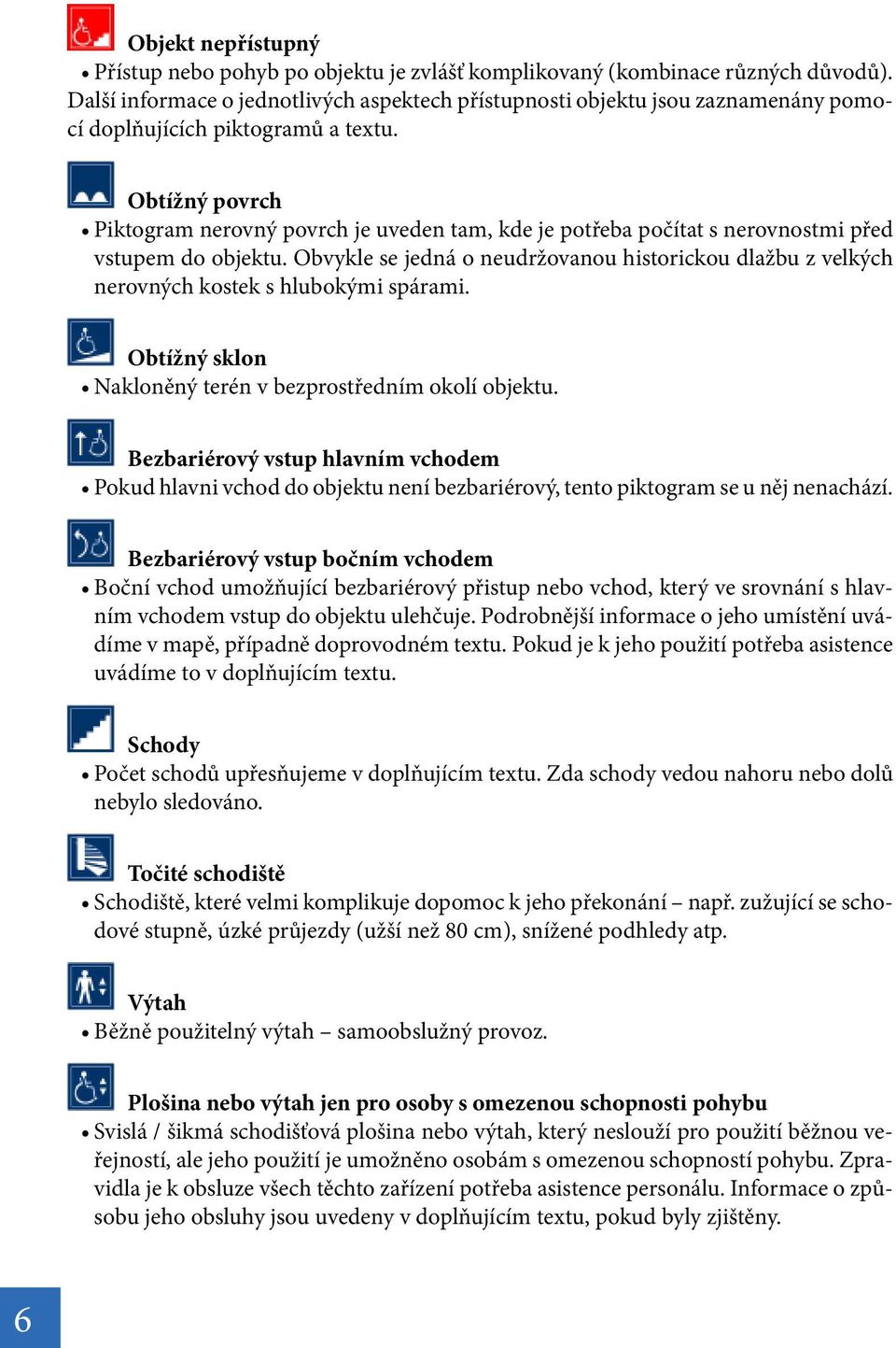 Obtížný povrch Piktogram nerovný povrch je uveden tam, kde je potřeba počítat s nerovnostmi před vstupem do objektu.