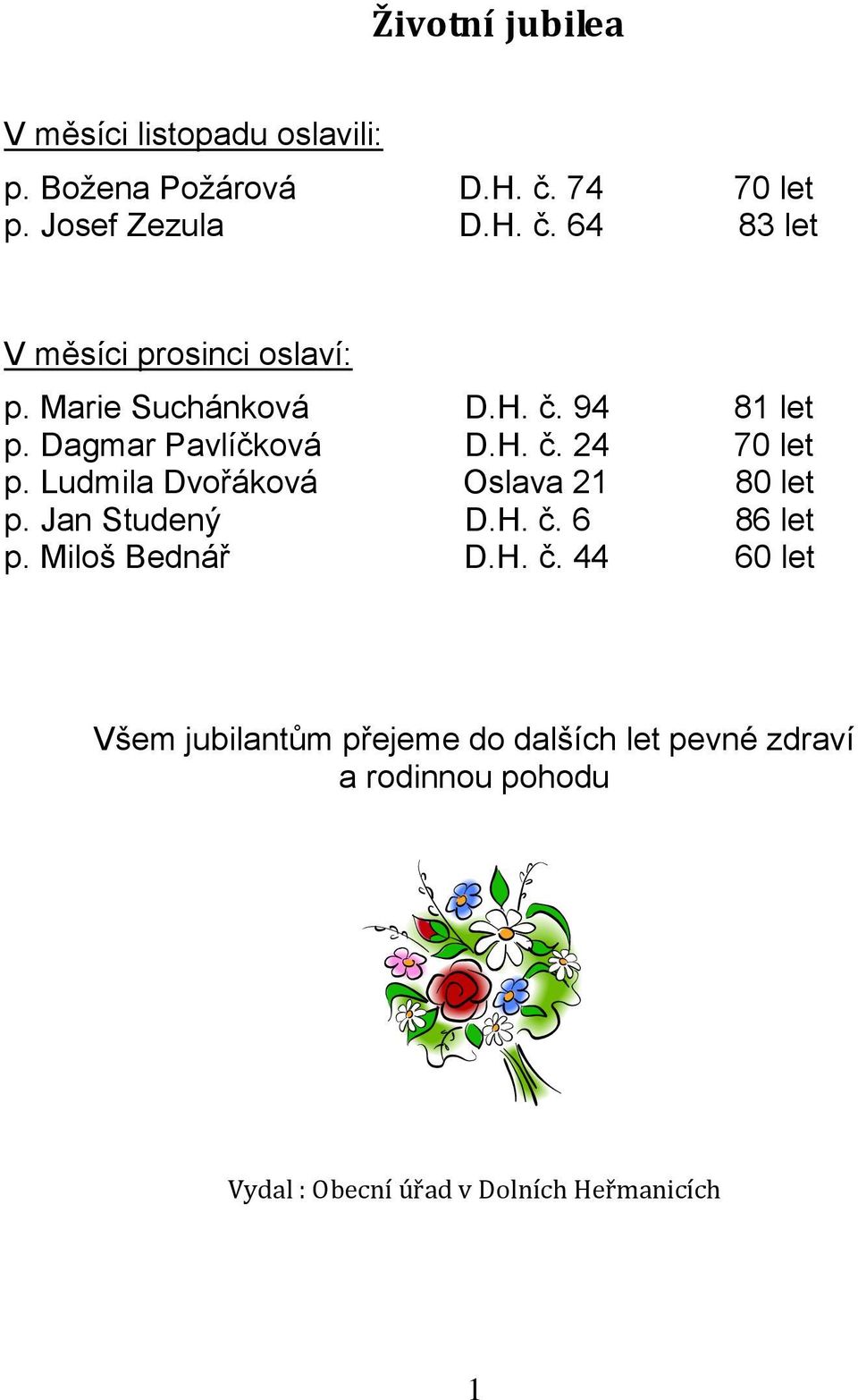 Dagmar Pavlíčková D.H. č. 24 70 let p. Ludmila Dvořáková Oslava 21 80 let p. Jan Studený D.H. č. 6 86 let p.