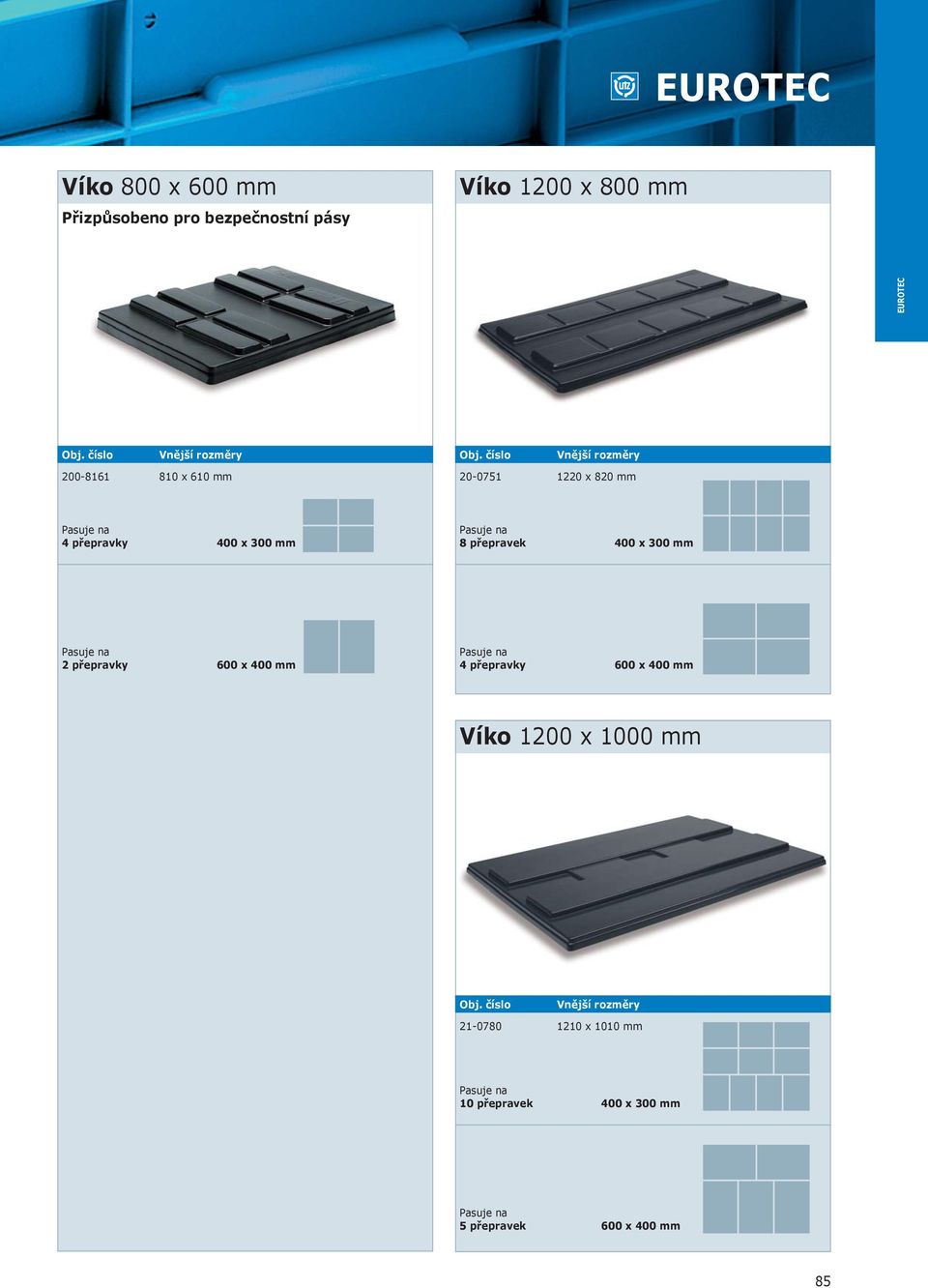 číslo Vnější rozměry 20-0751 1220 x 820 mm Pasuje na 4 přepravky 400 x 300 mm Pasuje na 8 přepravek 400 x 300 mm