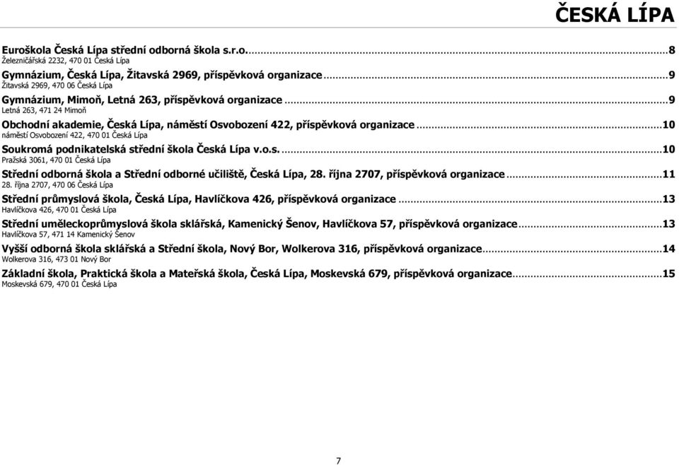 ..10 náměstí Osvobození 422, 470 01 Česká Lípa Soukromá podnikatelská střední škola Česká Lípa v.o.s...10 Pražská 3061, 470 01 Česká Lípa Střední odborná škola a Střední odborné učiliště, Česká Lípa, 28.