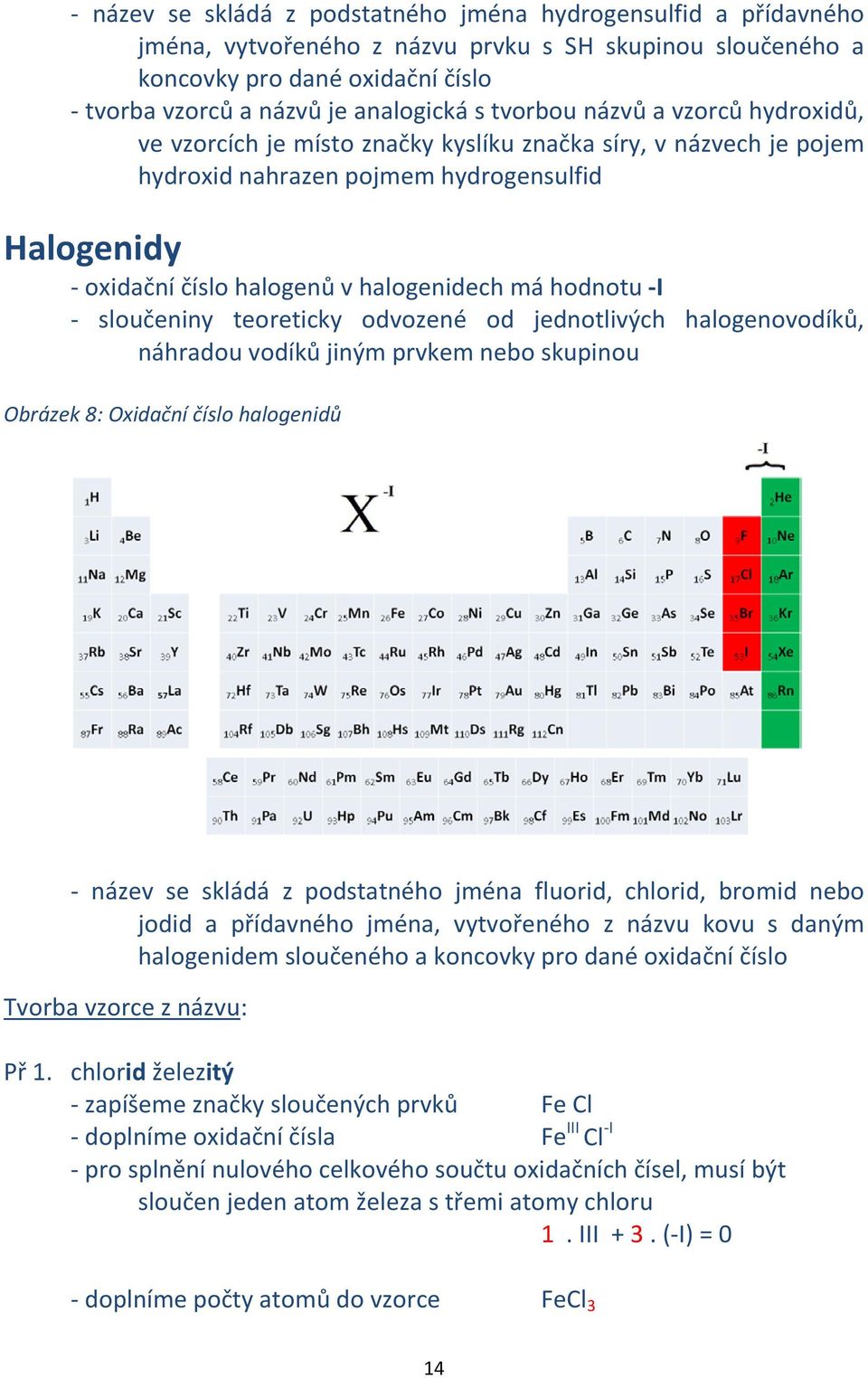 hodnotu -I - sloučeniny teoreticky odvozené od jednotlivých halogenovodíků, náhradou vodíků jiným prvkem nebo skupinou Obrázek 8: Oxidační číslo halogenidů - název se skládá z podstatného jména