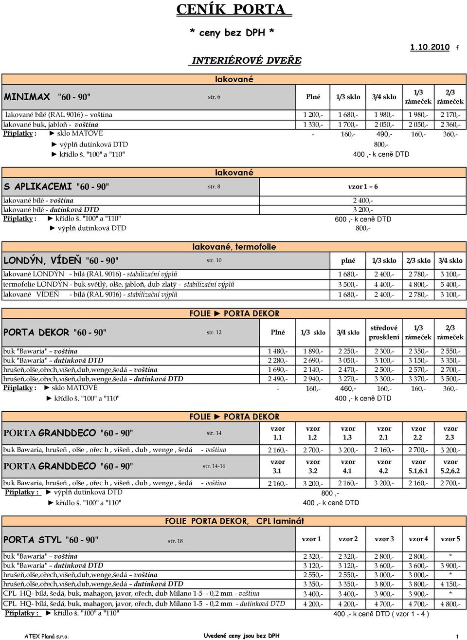 Příplatky : sklo MATOVÉ - 160,- 490,- 160,- 360,- výplň dutinková DTD SAPLIKACEMI "60-90" str.